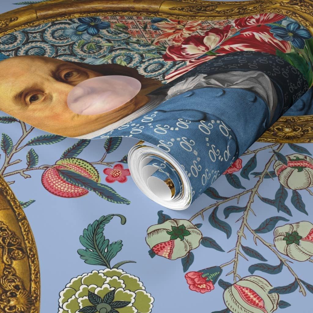 Spoonflower Papel tapiz extraíble de 12 x 2 pies  Benjamin Franklin Bubblegum Retrato Floral Estampado Azul Novedad Papel pintado personalizado
