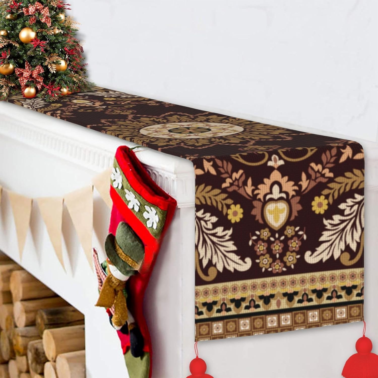 Camino de mesa de Navidad con mandala retro, decoración de mesa de comedor, decoración de Navidad, decoración de interiores del hogar, caminos de