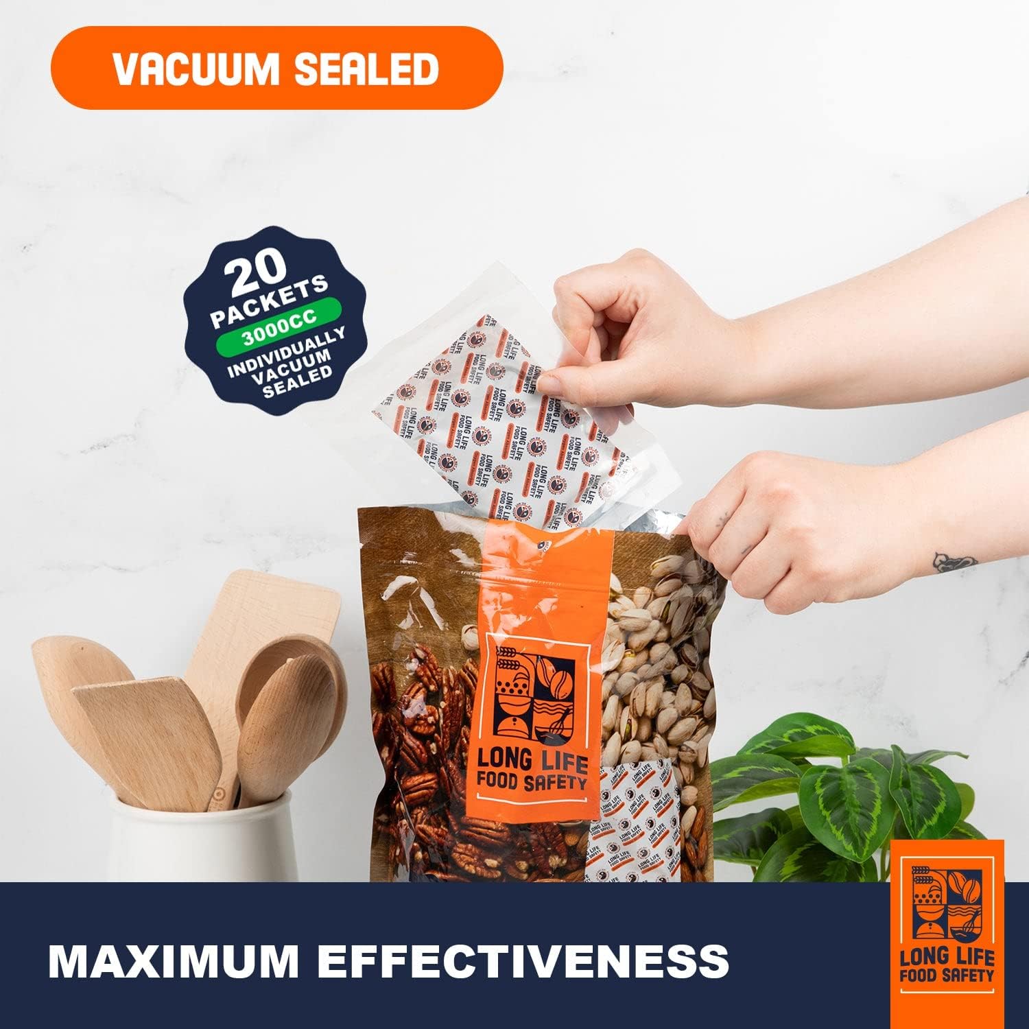 Absorbentes de oxígeno de 3000 cc y 500 cc para almacenamiento de alimentos  3 veces la capacidad de absorción de oxígeno  Extiende la vida útil y