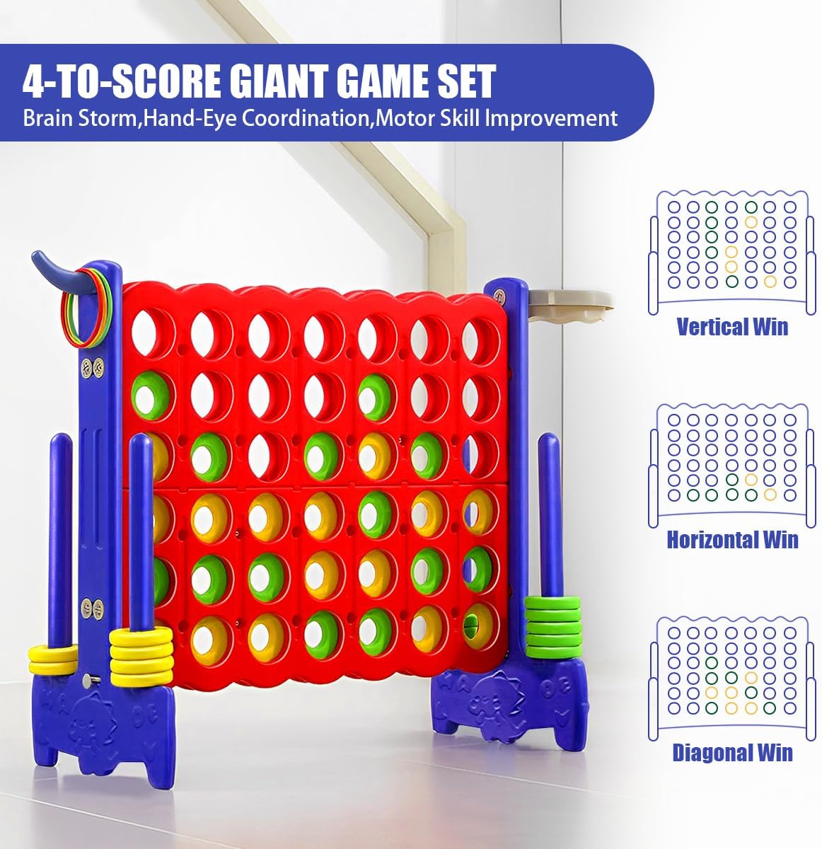 MMBABY Aro gigante 4 en una fila, Jumbo 4 en fila para juegobaloncesto gigante, lanzamiento de anillo, deslizante de liberación rápida, juego con 42