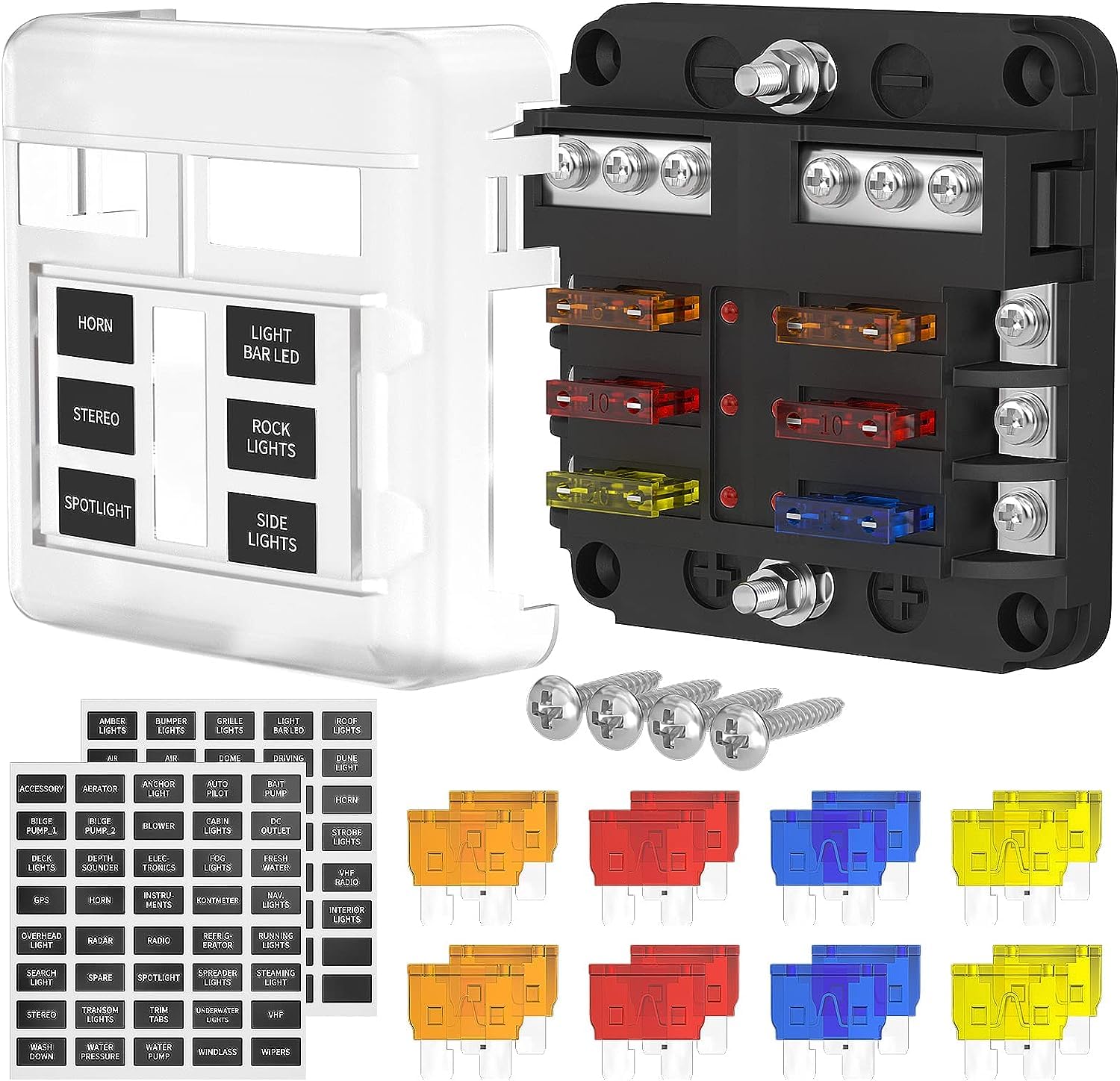 DaierTek Panel de interruptor basculante marino de 6 cuadras, 12 voltios con encendedor de cigarrillos USB, voltímetro + bloque de fusibles de 12 V,