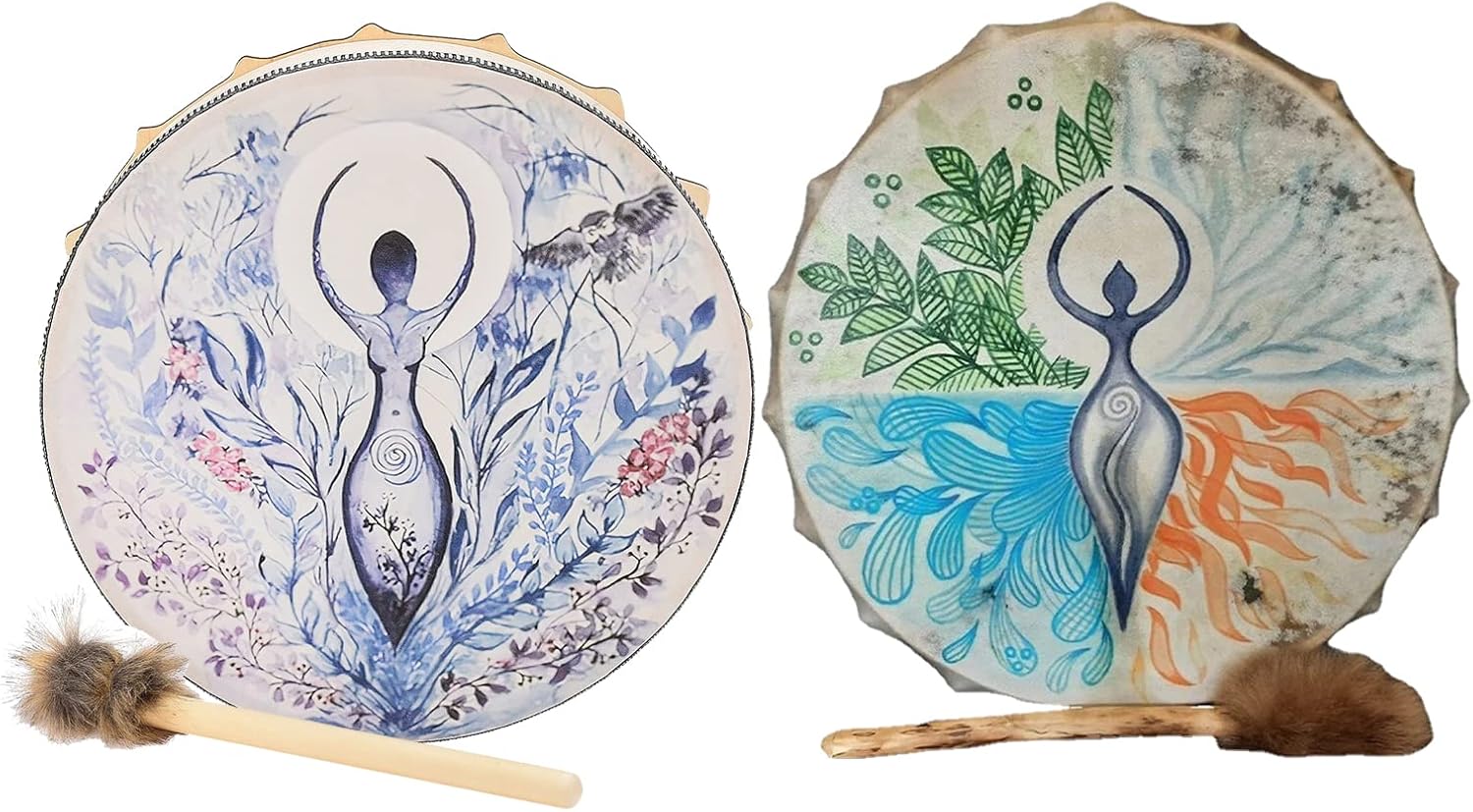 Paquete de 2 tambores de chamán, tambor de chamán madre de la vida, tambor siberiano, música espiritual, tambor de chamán hecho a mano con bastón,