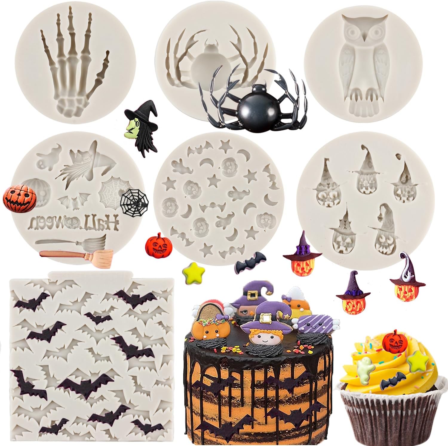 Sijiangmold Moldes de silicona para magdalenas de Halloween, diseño de esqueleto, búho, calabaza, calavera, araña, murciélago, fantasma, para
