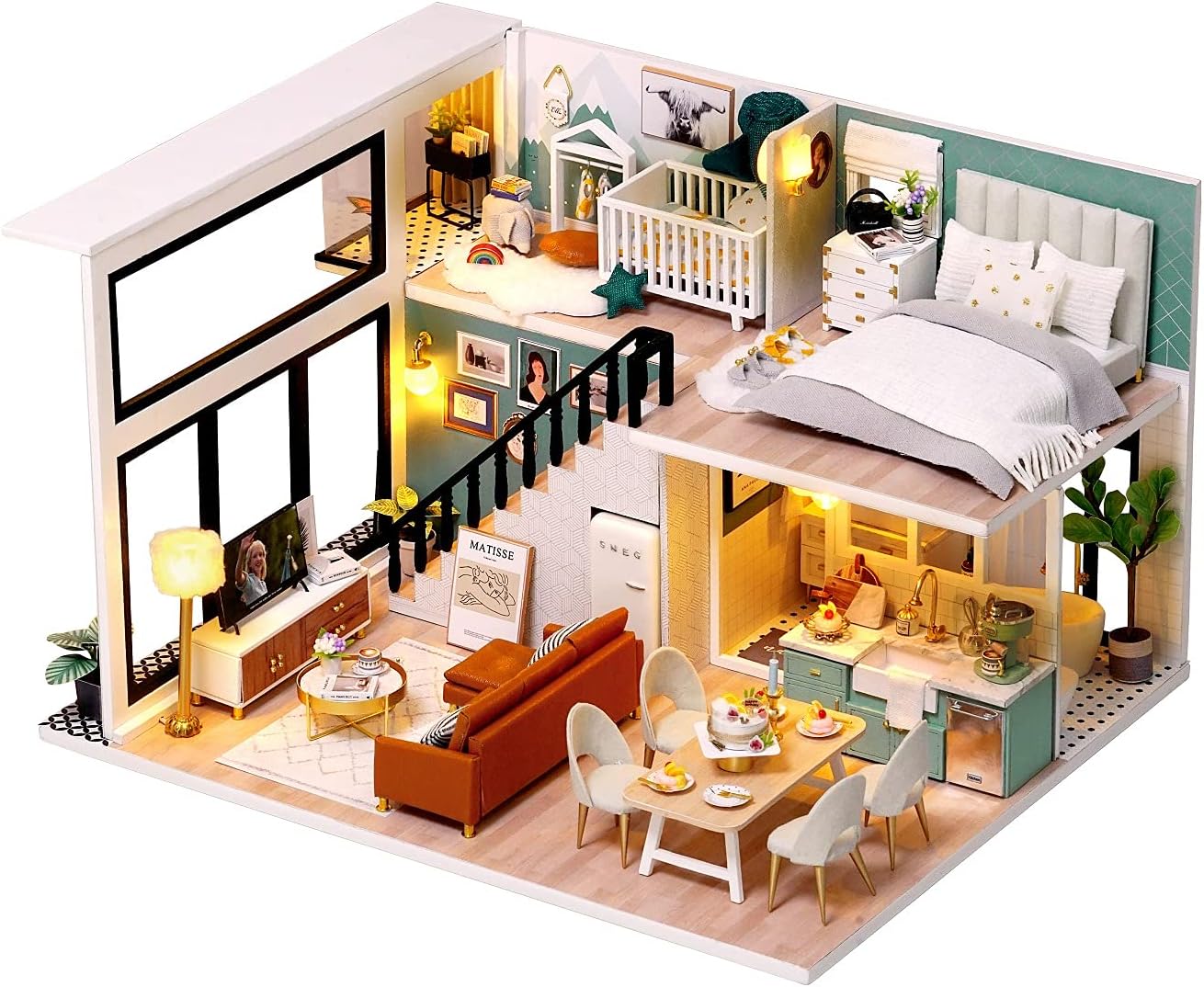 Flever Kit de casa de muñecas en miniatura, habitación creativa con escena de apartamento tipo loft para regalo romántico de obras de arte (vida