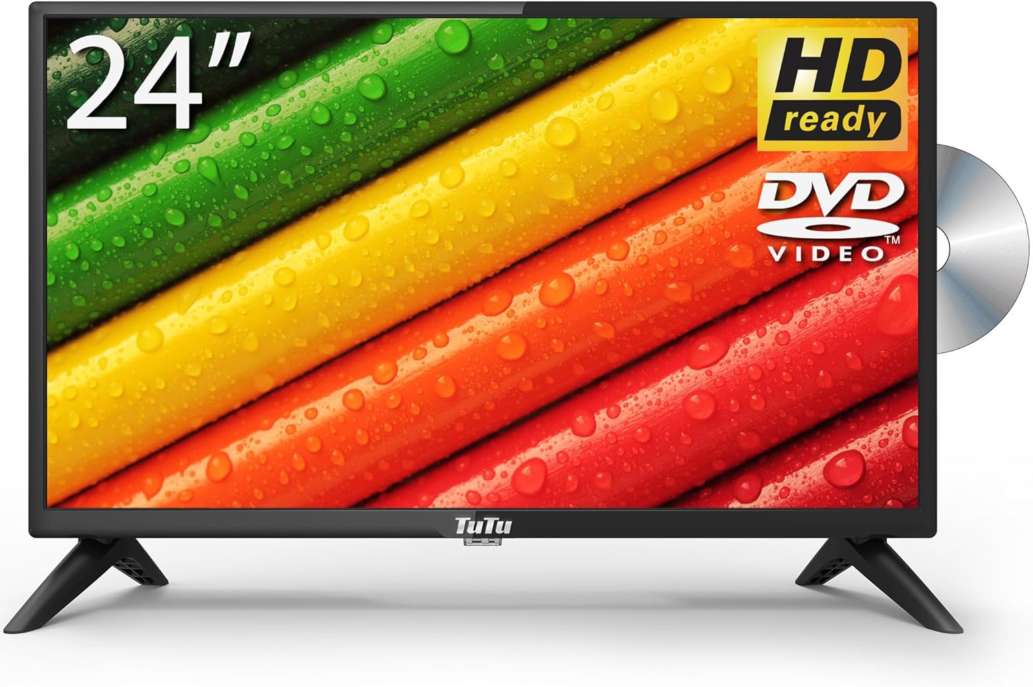 TuTu Televisor LED HD 720P de 24 pulgadas con reproductor de DVD integrado, 3 HDMI USB óptico VGA, funciona simplemente para cocina, habitación de