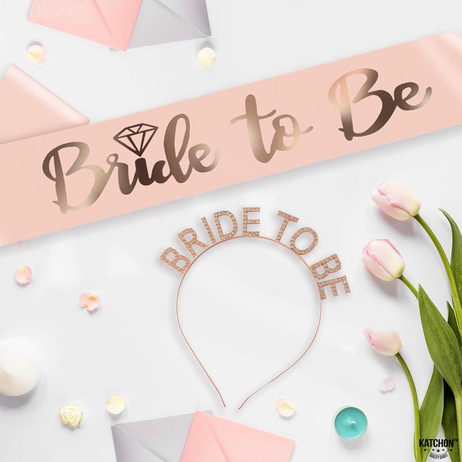 KatchOn, Banda y diadema de oro rosa para novia, paquete de 2, diadema de fiesta de novia para decoraciones de despedida de soltera, banda de