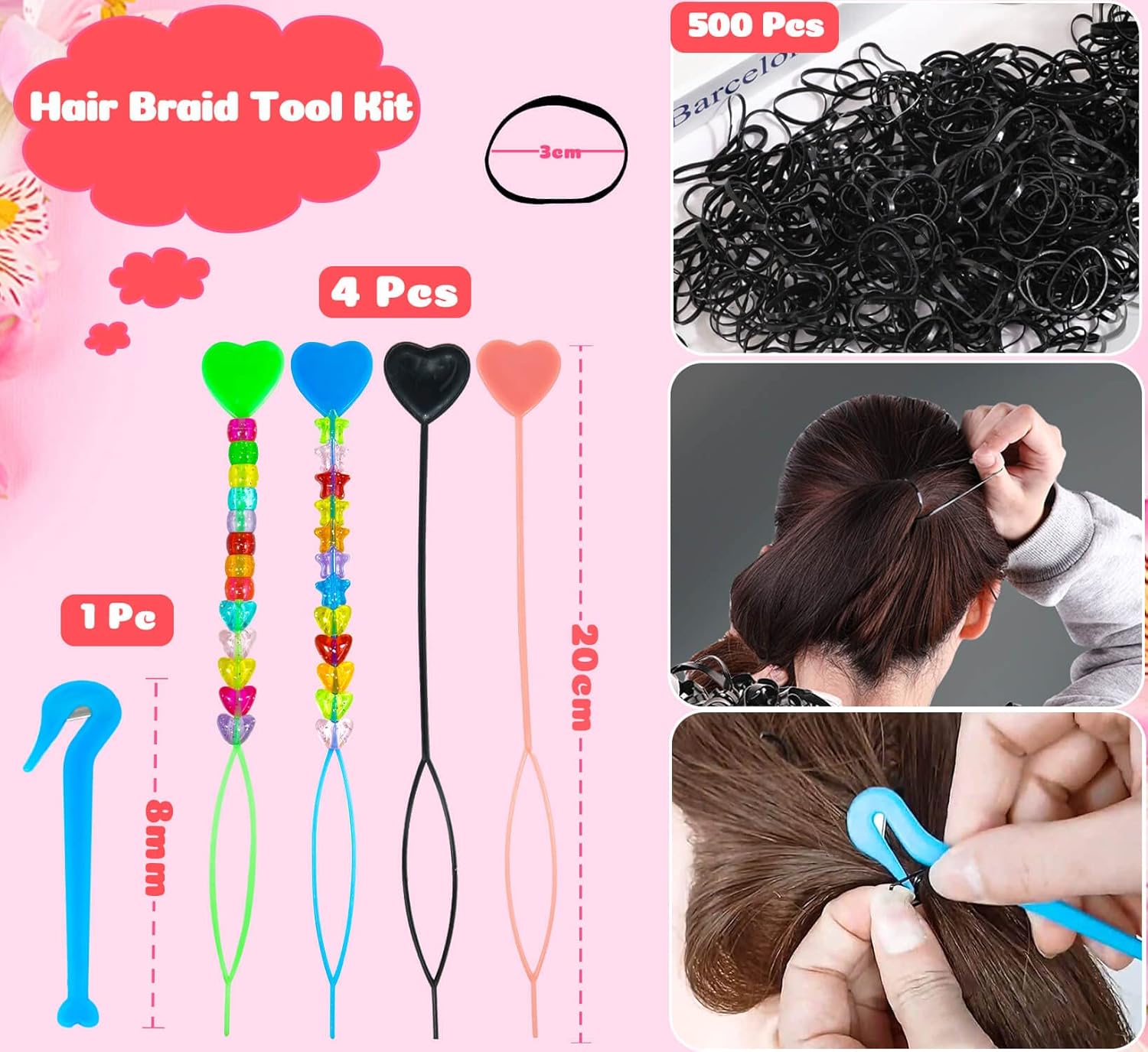 1680 cuentas de pony para trenzar el cabello, estrellas acrílicas con purpurina de corazón, cuentas de agujero grande con banda de goma elástica,
