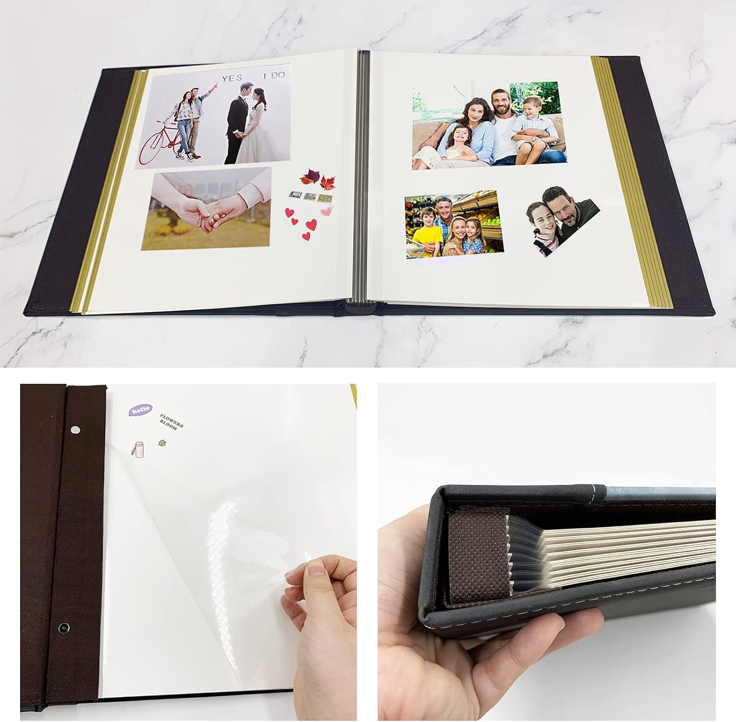 LOADWRITE Álbum de fotos de página autoadhesiva magnético, álbum familiar grande, cubierta de cuero, 40 páginas20 hojas autoadhesivas, álbumes de