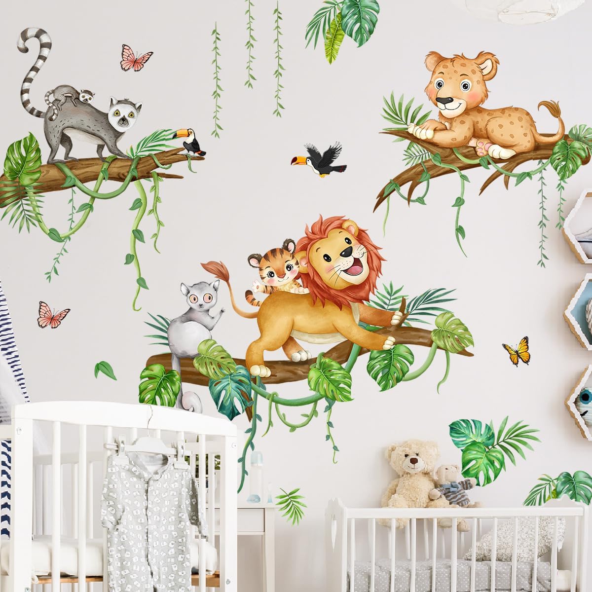 Runtoo Calcomanías de pared de animales de safari, león, hojas de palmera tropicales, animales de selva, rama de árbol, calcomanías artísticas para