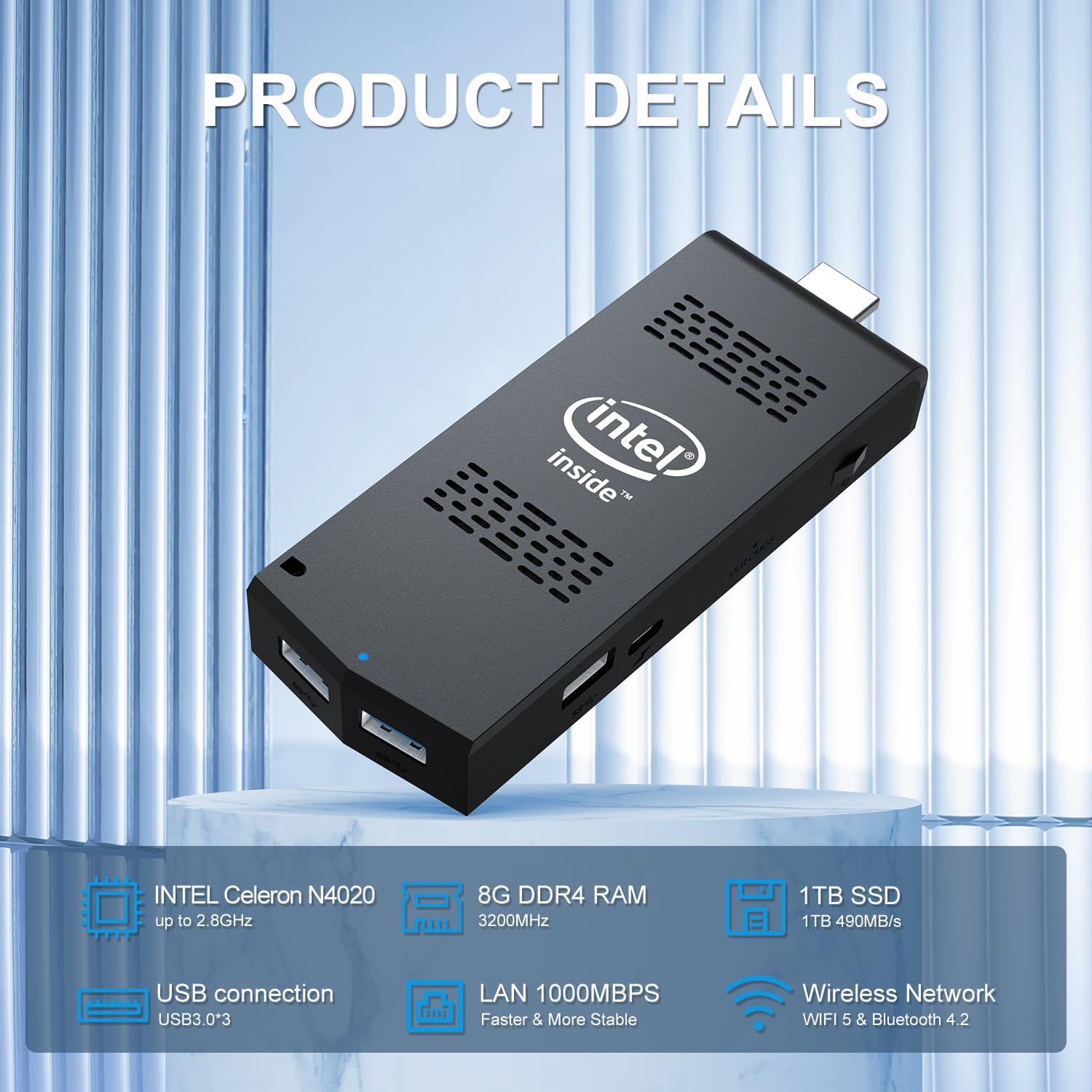 Mini PC Stick Windows 11 Pro Celeron N4020 8GB DDR4 1TB SSD Mini computadora Intel Compute Stick Soporte HDMI 4K 60Hz, Gigabit Ethernet, 2.4G5G