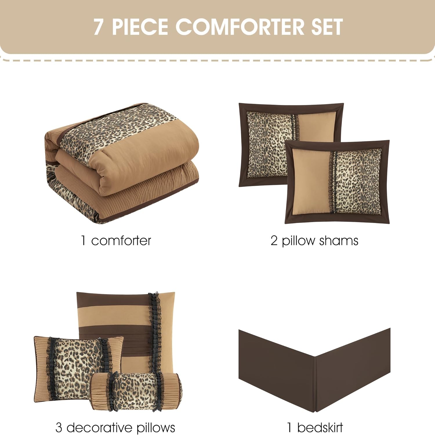 Grand Avenue Juego de edredón California King de leopardo marróngris pardo, 7 piezas, decoración del hogar, microfibra ligera de alta calidad, falda