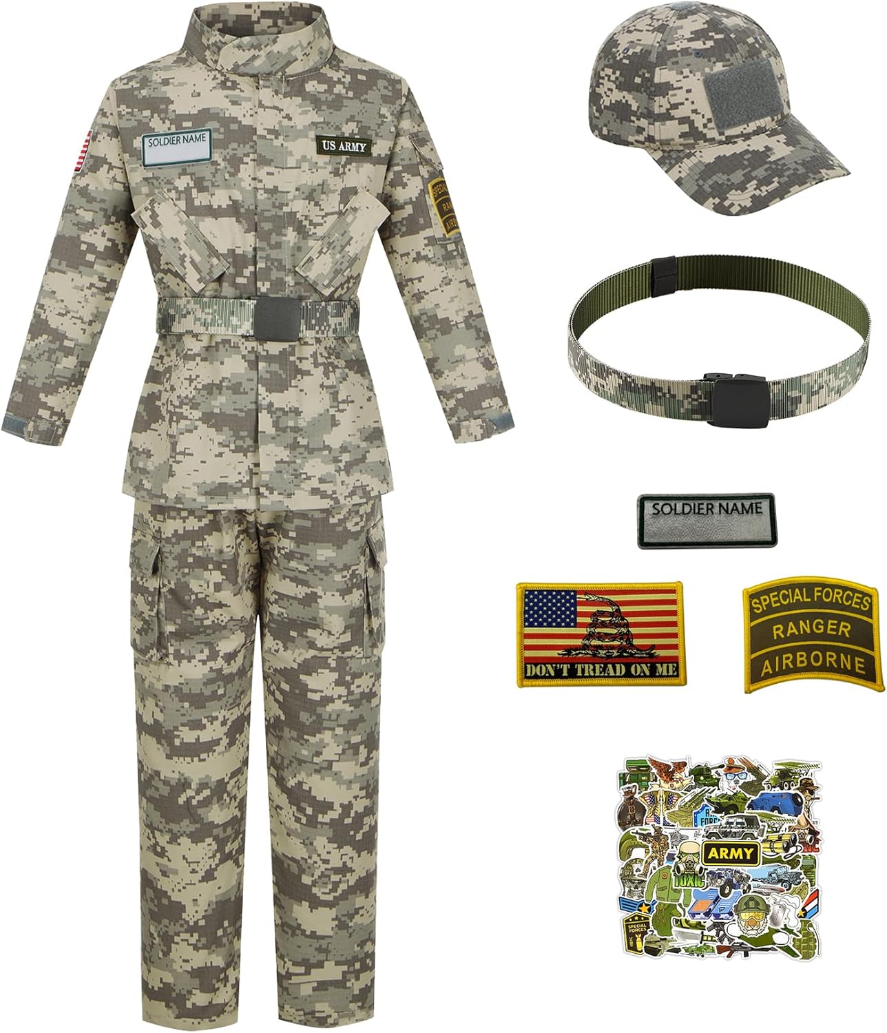 Kosgraiy Disfraz del ejército para niños, disfraz de soldado de lujo para niño y niña, uniforme de camuflaje del ejército para niños
