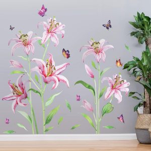 Adhesivo de pared de flores de lirio rosa, realista, romántico, lirios florales, color mariposa, hojas de tallo verde, decoración artística Adhesivo de pared de flores de lirio rosa, realista, romántico, lirios florales, color mariposa, hojas de tallo verde, decoración artística