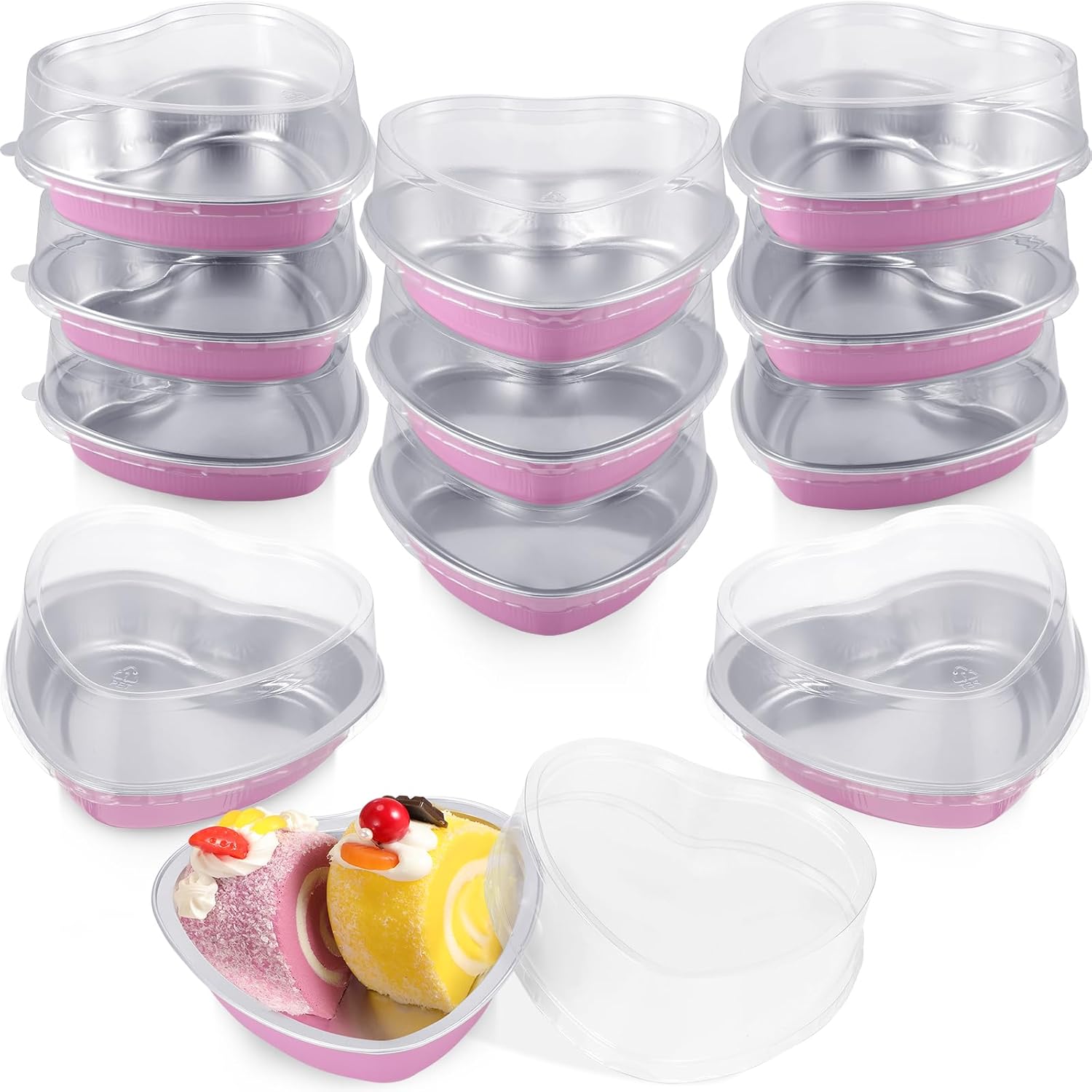 Fainne 12 juegos de moldes de papel de aluminio de 5 pulgadas en forma de corazón con tapas transparentes de 7.6 fl oz7.92 onzas líquidas  7.92