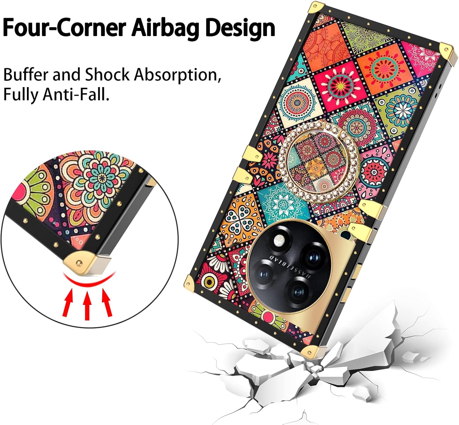 nancheng Funda cuadrada para Oneplus 11 (6.7 pulgadas) con soporte de anillo, diseño retro de flores de mandala para niñas y mujeres, esquinas