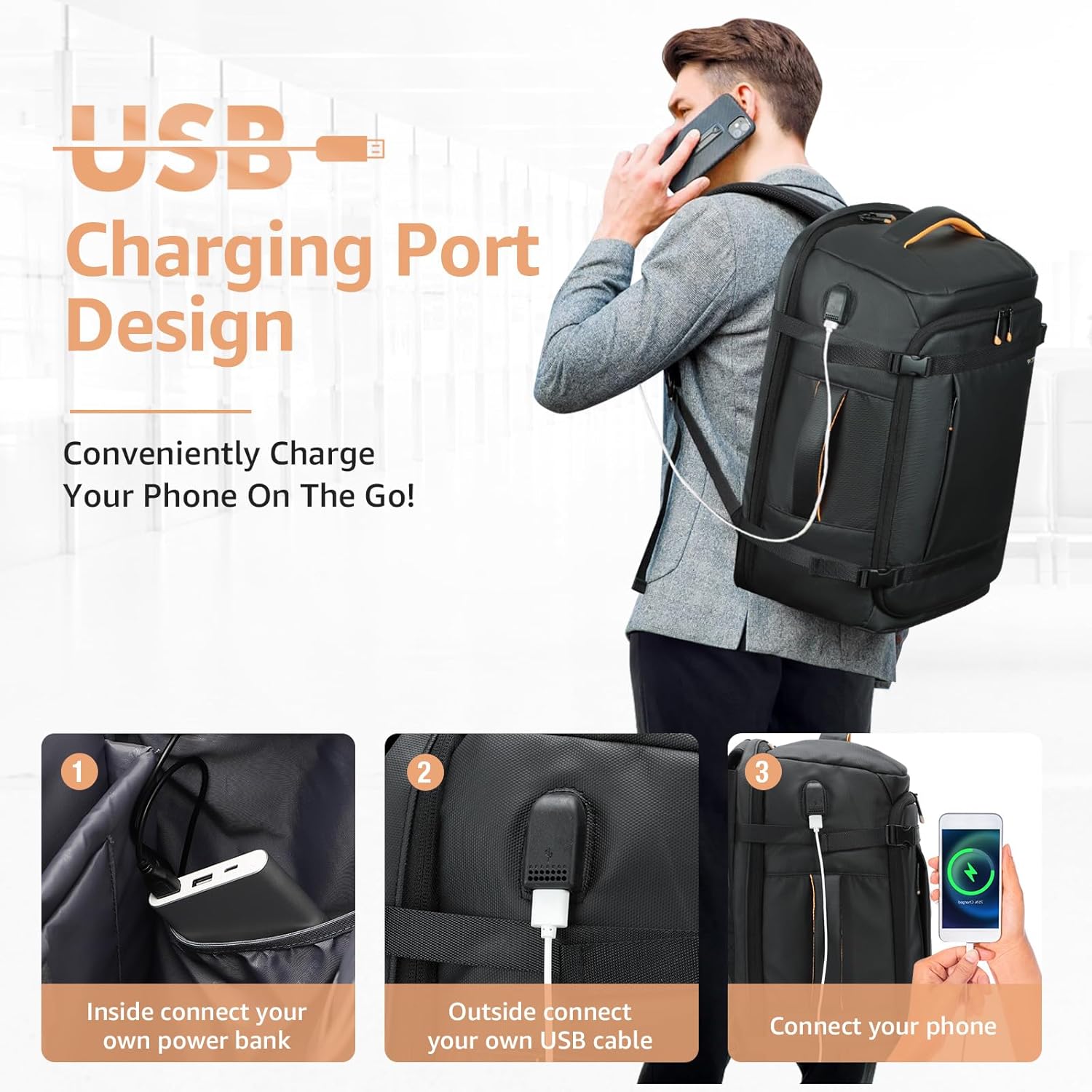 Ponhog Mochila de viaje para computadora portátil para vuelo, aprobada para hombre, con puerto de carga USB, mochilas de negocios de 15.6 pulgadas