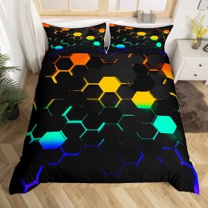Juego de ropa de cama de panal 3D tamaño Queen, juego de funda de edredón hexagonal de luz neón colorida de 3 piezas para niños, adolescentes y Juego de ropa de cama de panal 3D tamaño Queen, juego de funda de edredón hexagonal de luz neón colorida de 3 piezas para niños, adolescentes y