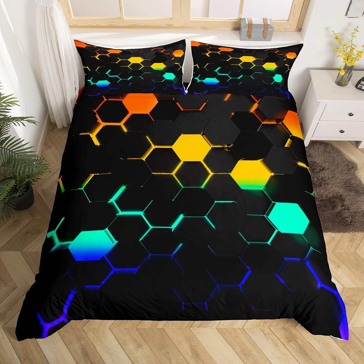 Juego de ropa de cama de panal 3D tamaño Queen, juego de funda de edredón hexagonal de luz neón colorida de 3 piezas para niños, adolescentes y
