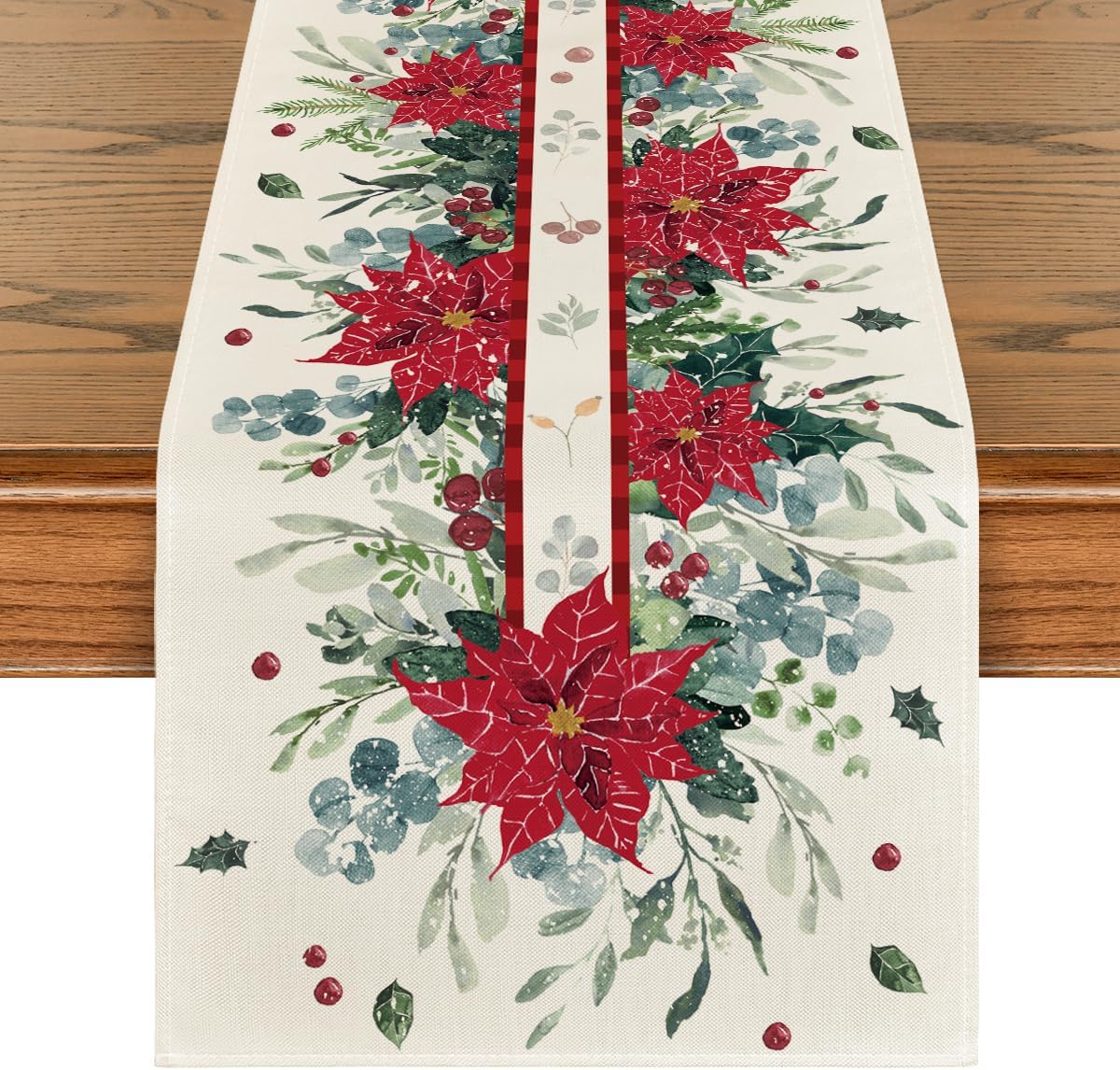 Artoid Mode Camino de mesa de Navidad con hojas de flor de pascua de eucalipto, decoración de mesa de comedor para decoración de fiesta en el hogar,