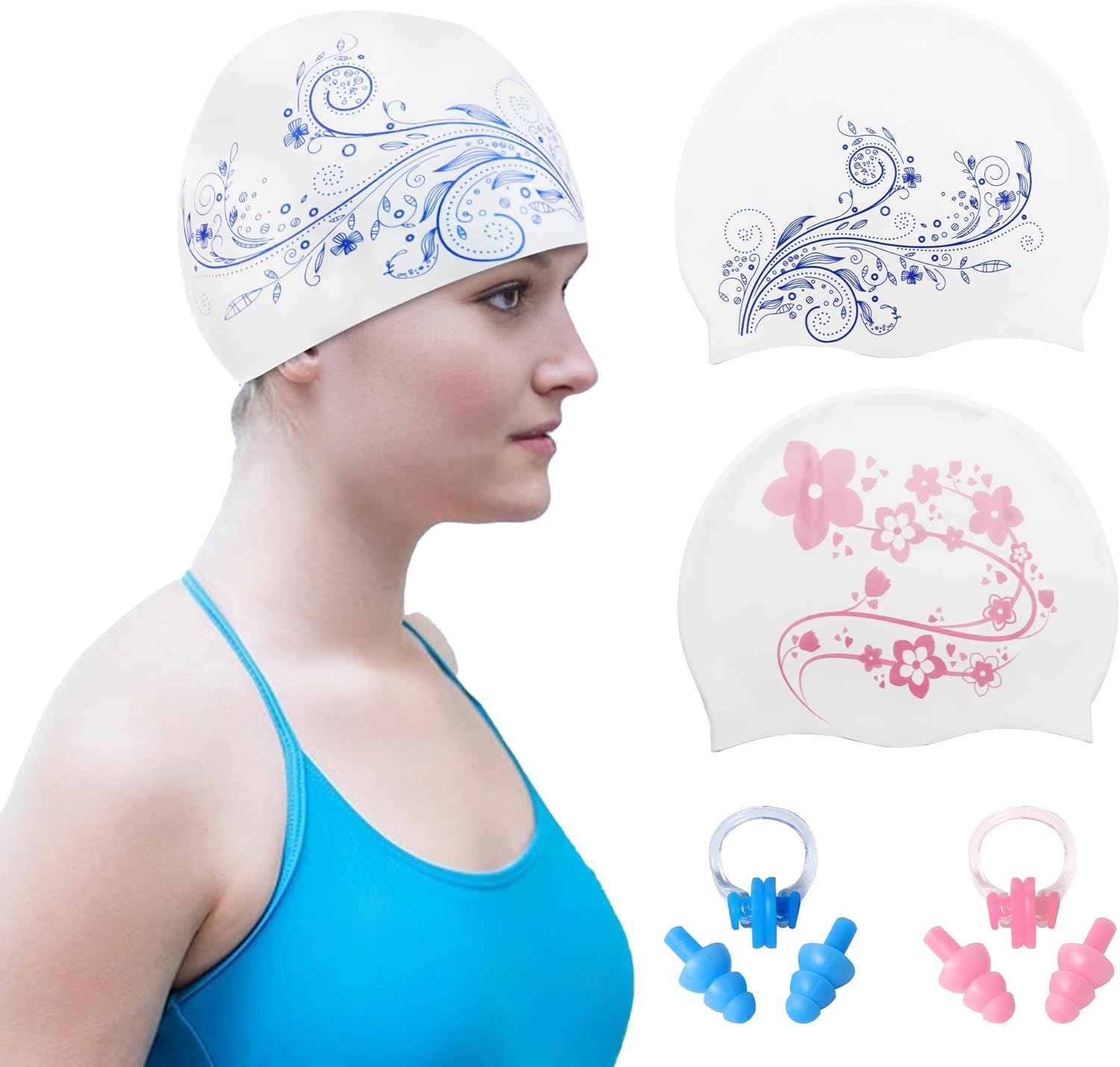 8 gorros de natación para mujeres adultas, gorro de natación para mujeres de cabello largo de silicona con tapones para la nariz para mujeres