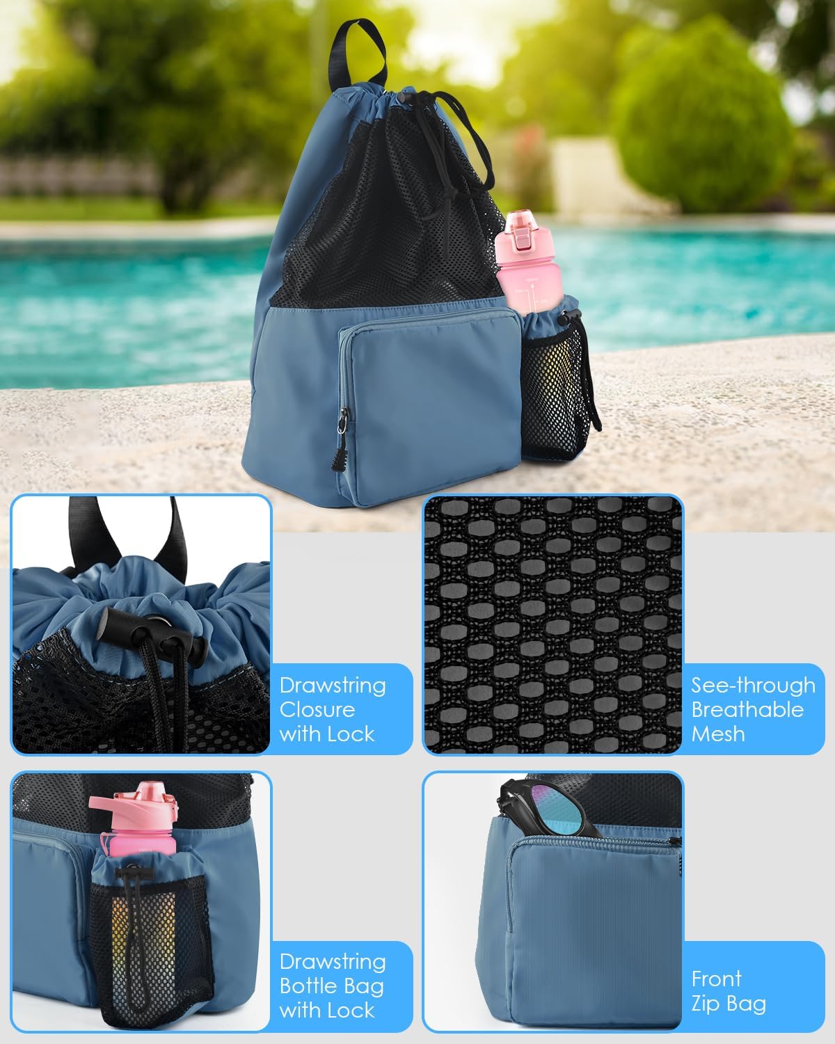 BROTOU Bolsa de natación de malla con cordón, mochila de deportes acuáticos con bolsillo húmedoseco, mochila de playa para natación, surf, viajes
