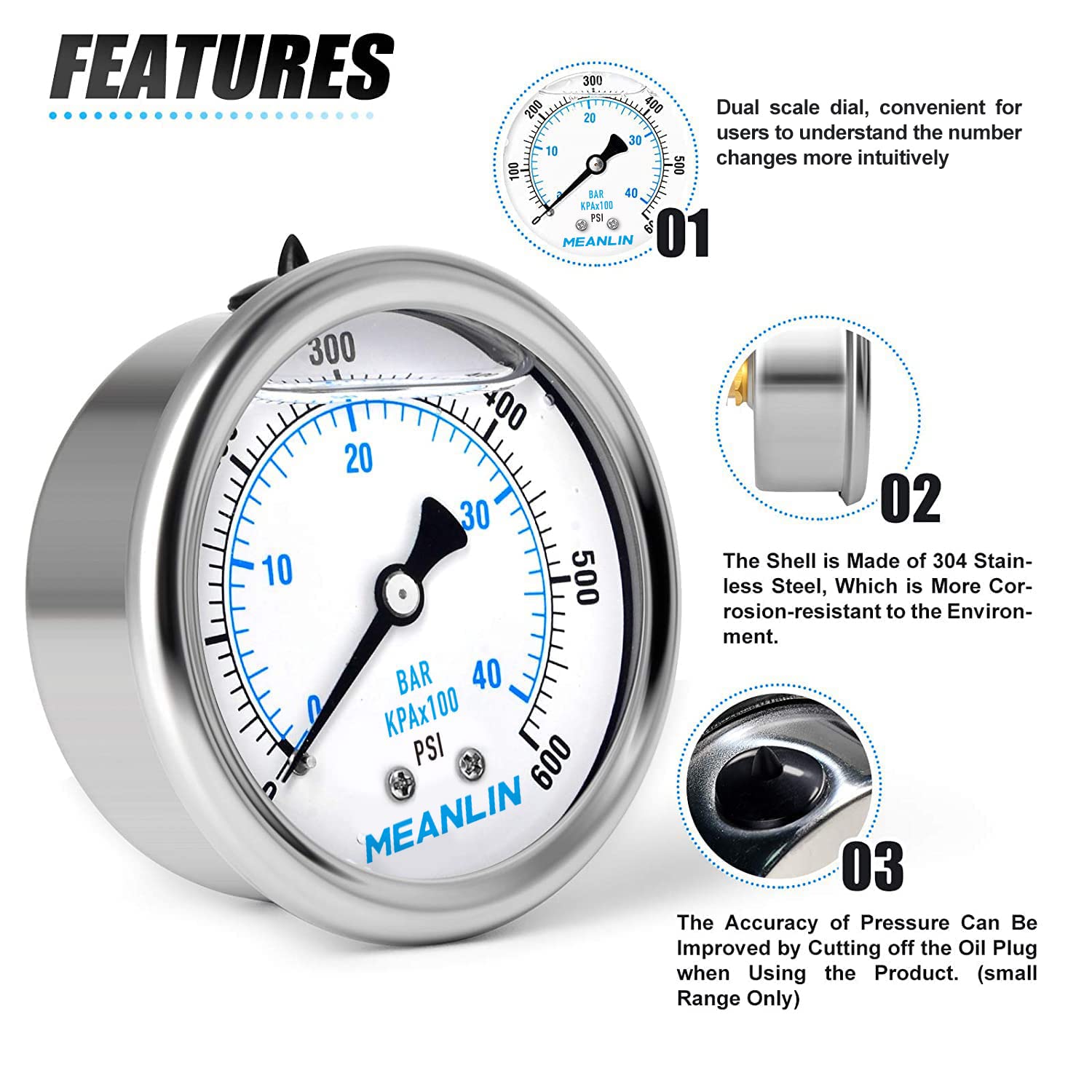 MEANLIN MEASURE – Manómetro de acero inoxidable, relleno de líquido, esfera con cara de 2.5 pulgadas, NPT de 14 de pulgada, agua, aceite y gas,