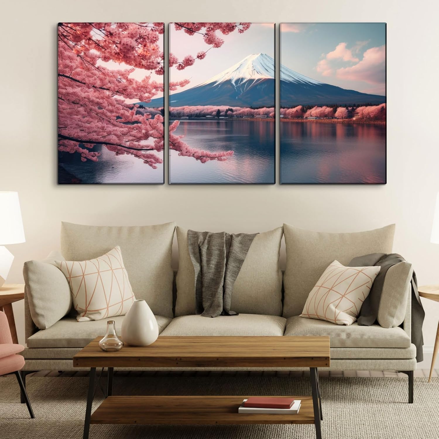 YONICA Lienzo decorativo de 3 paneles de montaña para decoración del hogar, paisaje con flores de cerezo rosa y monte Fuji, impresión en lienzo HD