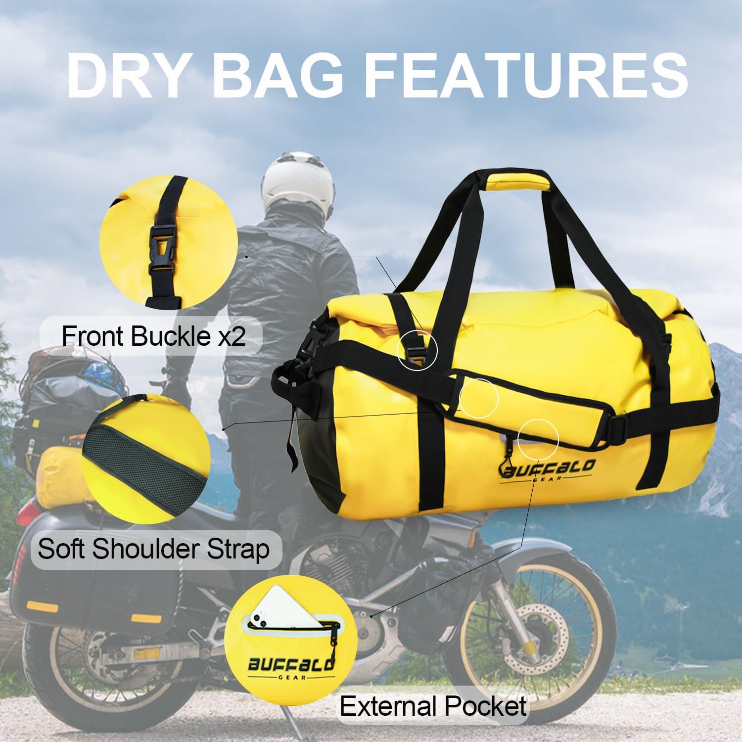 Buffalo Gear Bolsa de lona impermeable 40L 60L 80L Roll-top Dry Bag Heavy Duty Impermeable Duffel Bolsa de viaje para kayak, rafting, barco, pesca,