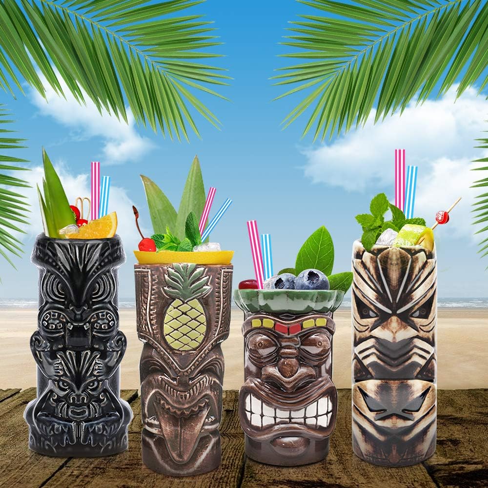 Tiki Mugs – Juego de 4 vasos grandes de cerámica hawaiana Luau para fiesta, lindos vasos de cóctel exóticos, Tiki Bar profesional hawaiano fiesta