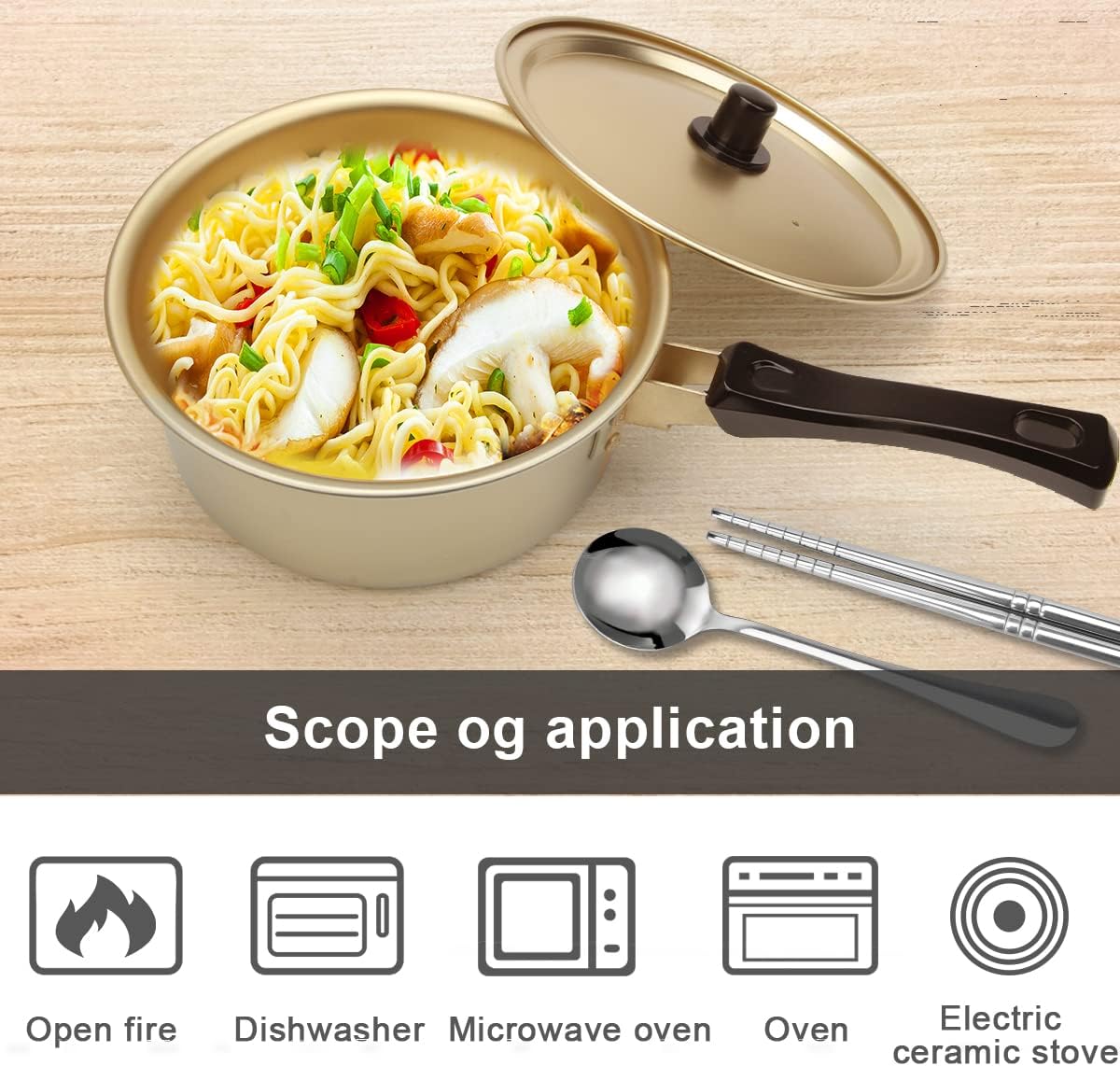 AHIER Olla de ramen coreano con tapa, cuchara y palillos (1 par), olla de fideos Ramyun coreanos con mango único a prueba de calor, calentamiento