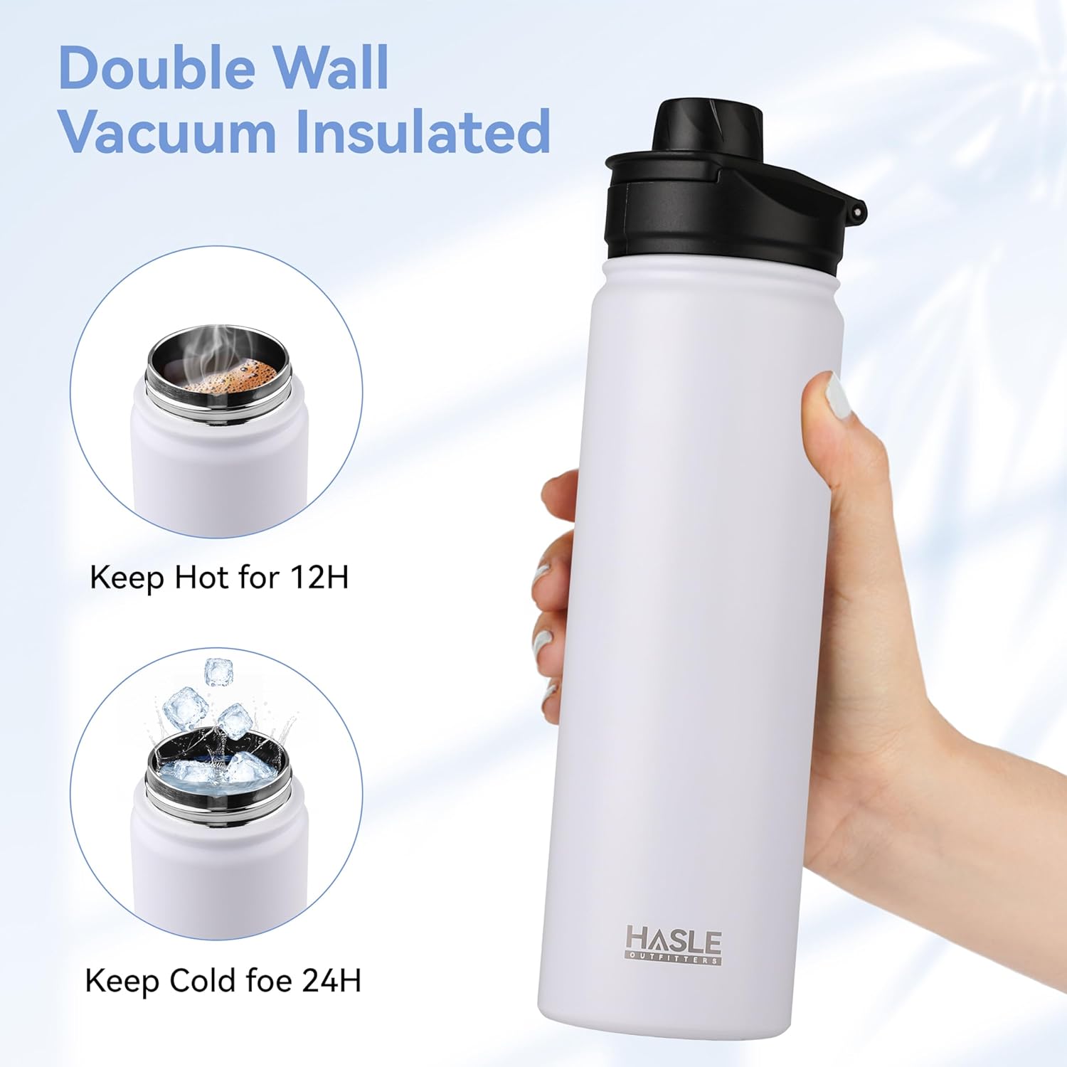 HASLE OUTFITTERS Botella de agua aislada de 22 onzas, botella de agua de acero inoxidable de doble pared de boca ancha con tapa de popote y tapa de