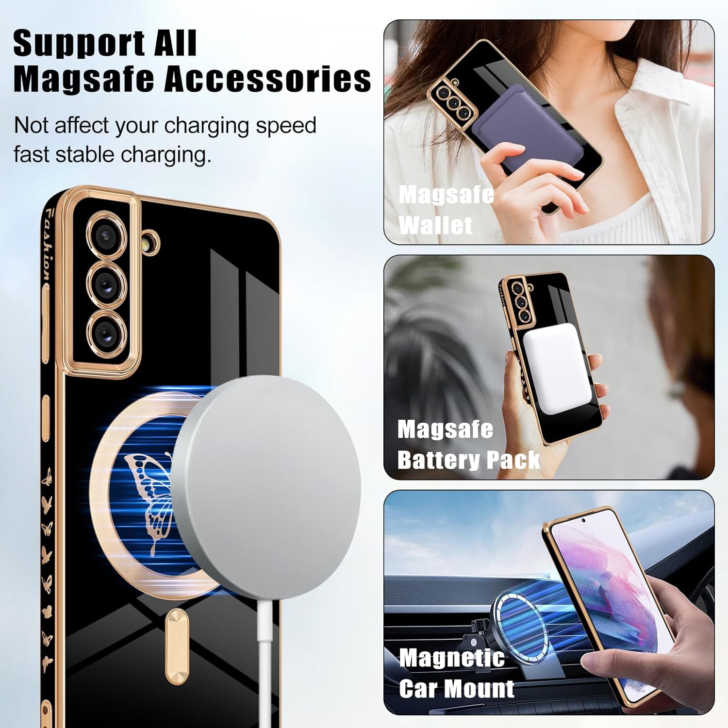 Funda magnética para Samsung Galaxy S21 Plus 5G, bonita funda con borde chapado en mariposa con MagSafe para mujeres, niñas y hombres, TPU suave, a