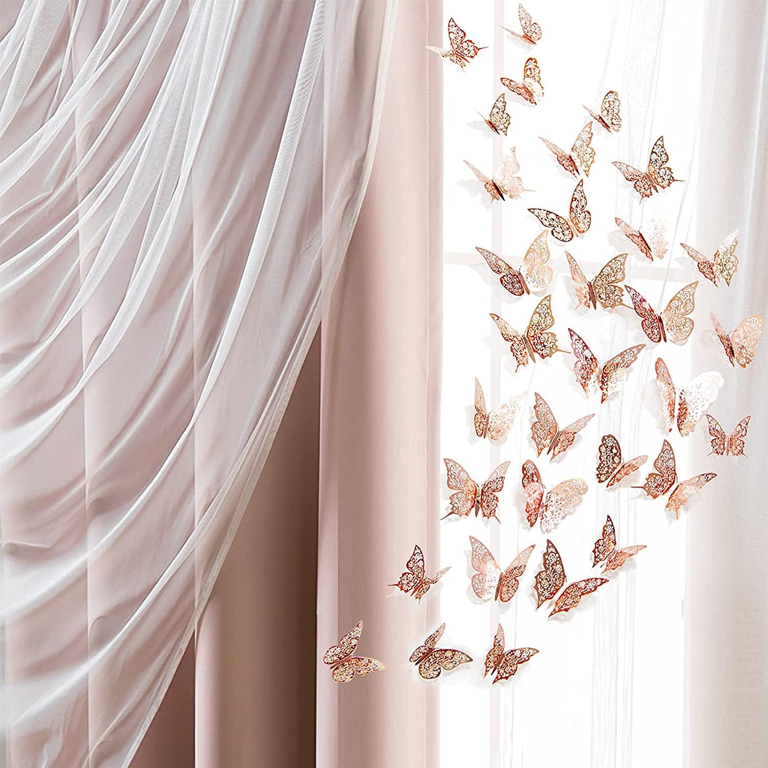 Calcomanías de pared de mariposa de oro rosa 3D, removibles, brillantes, metálicas, calcomanías de pared de mariposas de corazón, mariposa para