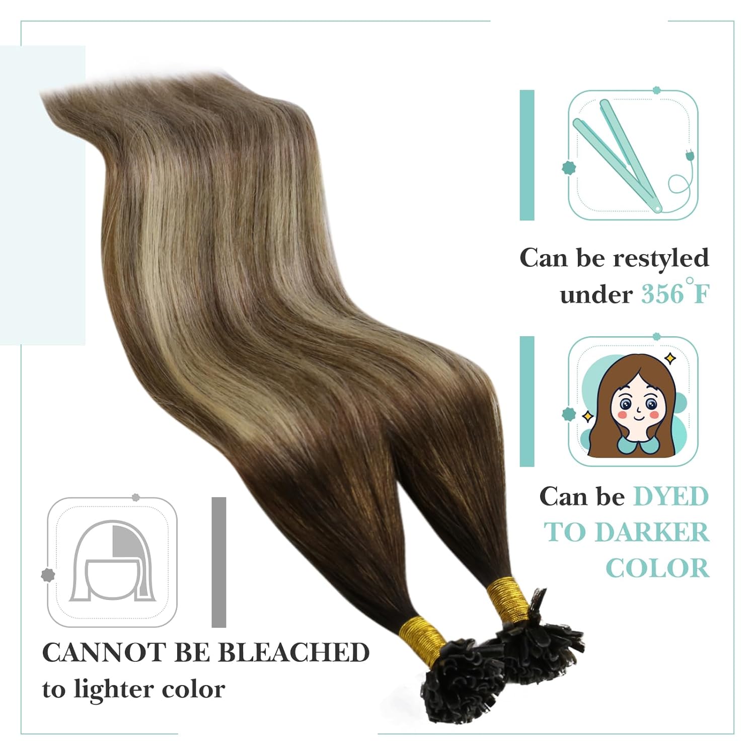 YoungSee Extensiones de cabello balayage con puntas en U, color marrón oscuro, ombré, marrón claro y rubio claro, balayage, con punta en U,