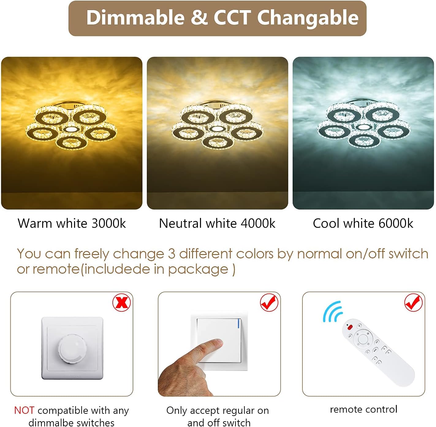 KKMYWAN Lámpara de techo de cristal empotrada LED regulable con control remoto de 5 anillos, lámpara de techo para dormitorio, sala de estar,