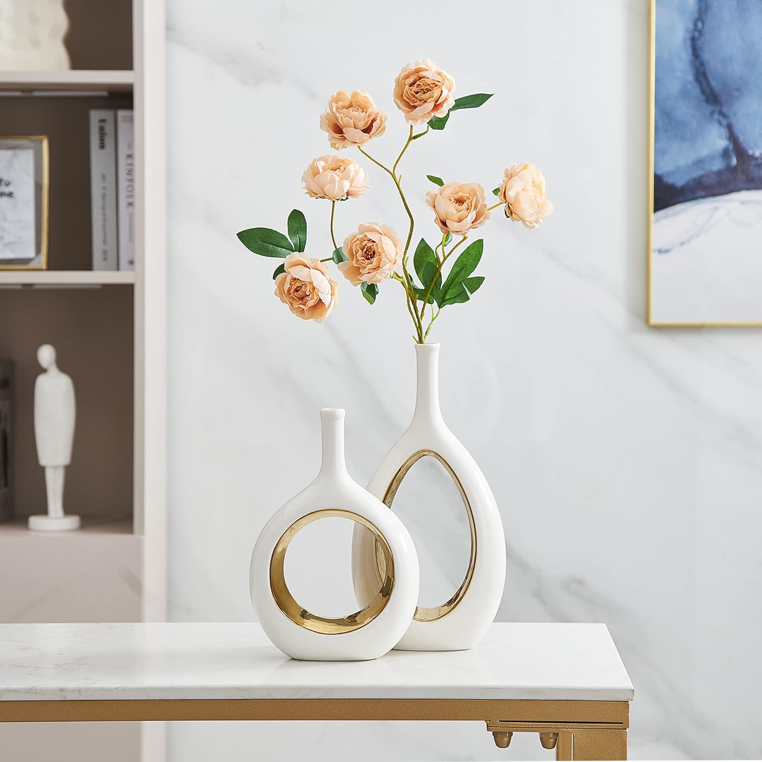 White Ceramic Vase Set 2 for Modern Home Decor, Hollow Round Flower Vases for Decor, Donut Vase, Pampas Grass Vase, Minimalism Decor for Wedding