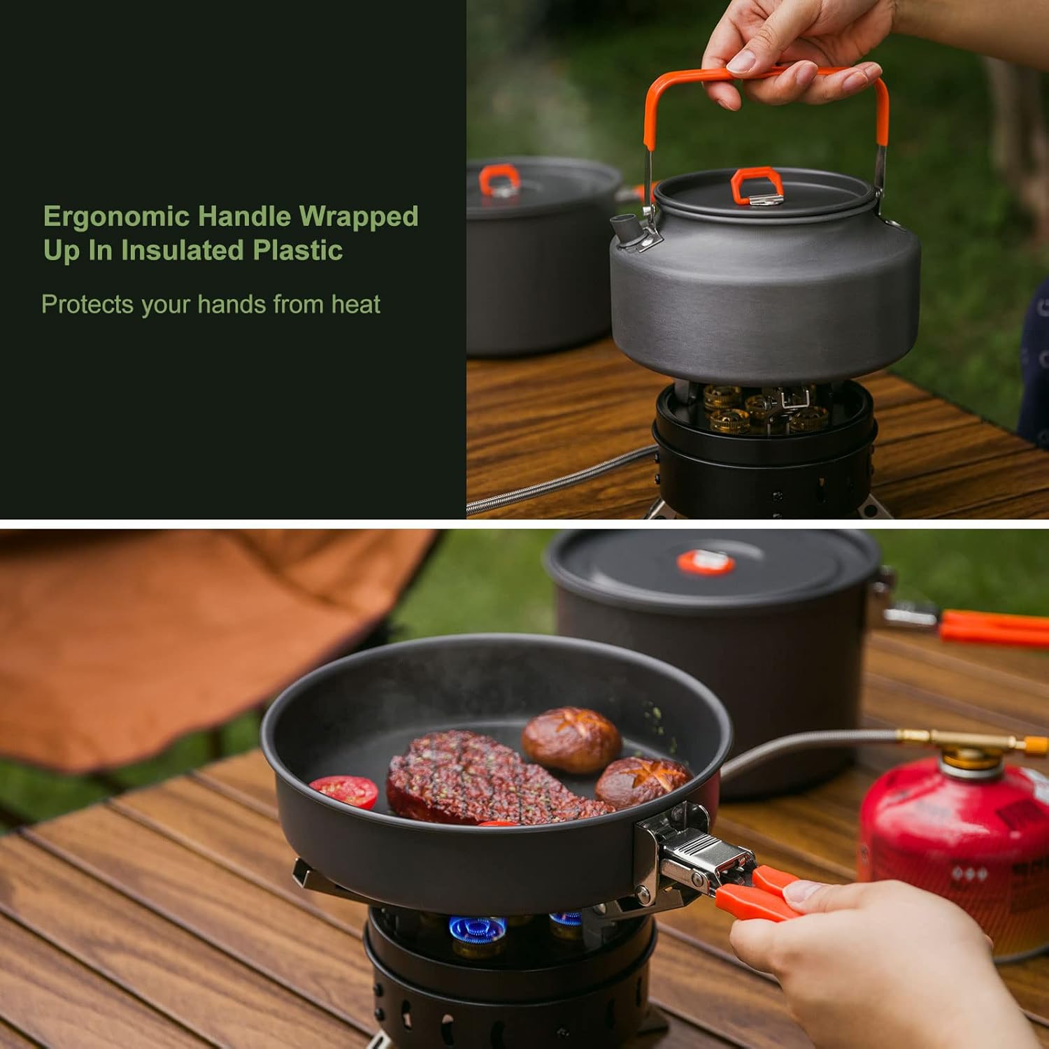 Odoland Camping Cookware Mess Kit, Camping Cooking Pot Fry Pan and 1.1L Kettle Set, Portable Camping Cookware Set with Mesh Bag for Camping,