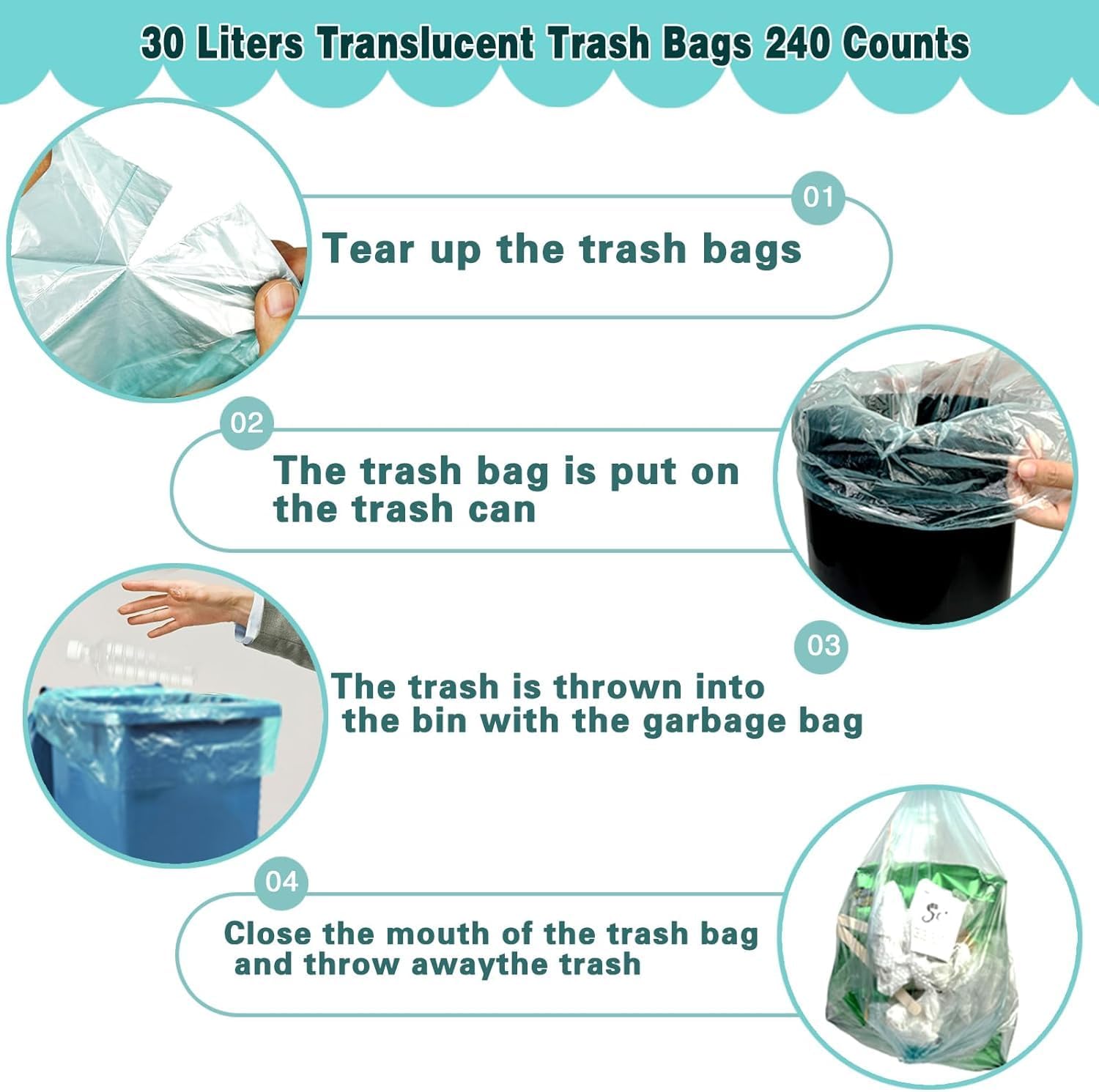 Bolsas de basura medianas de 0.75 mil, 200 unidades, 8 galones30 litros, forro para botes de basura para el hogar, oficina, cocina, baño, automóvil,