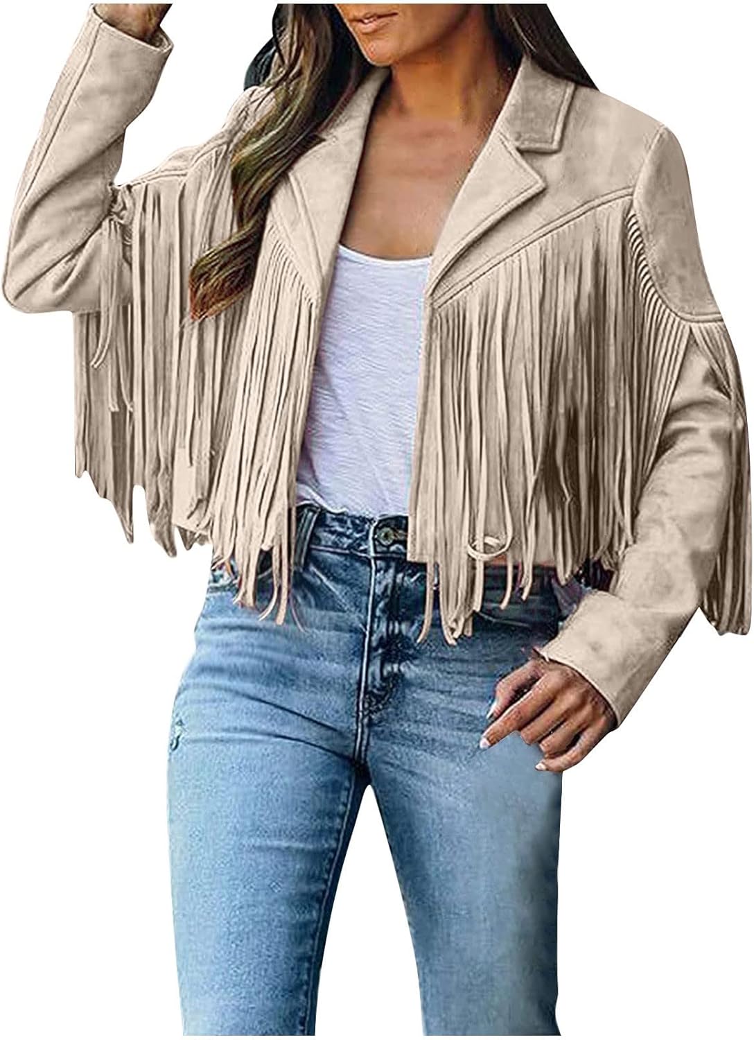 Chaquetas de cuero de gamuza sintética para mujer, a la moda, recortadas con borlas y flecos, chaqueta de manga larga con solapa para motocicleta
