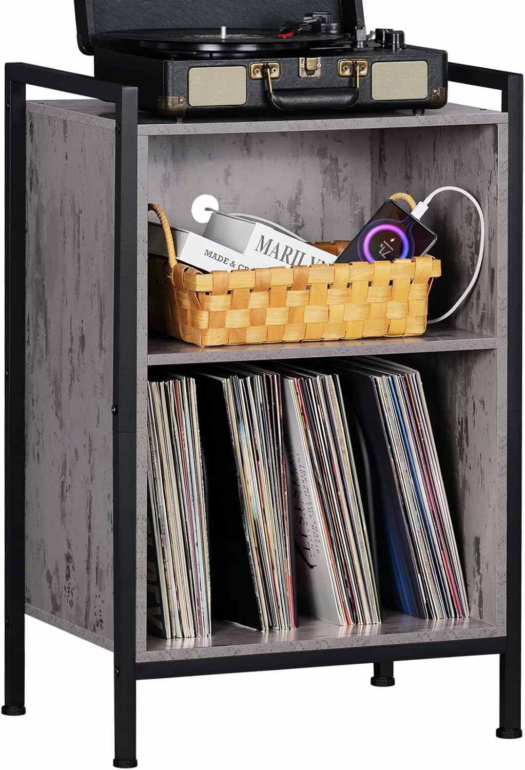 LELELINKY Soporte para tocadiscos, soporte para tocadiscos de 3 niveles, armario de almacenamiento de discos de vinilo con marco de metal con