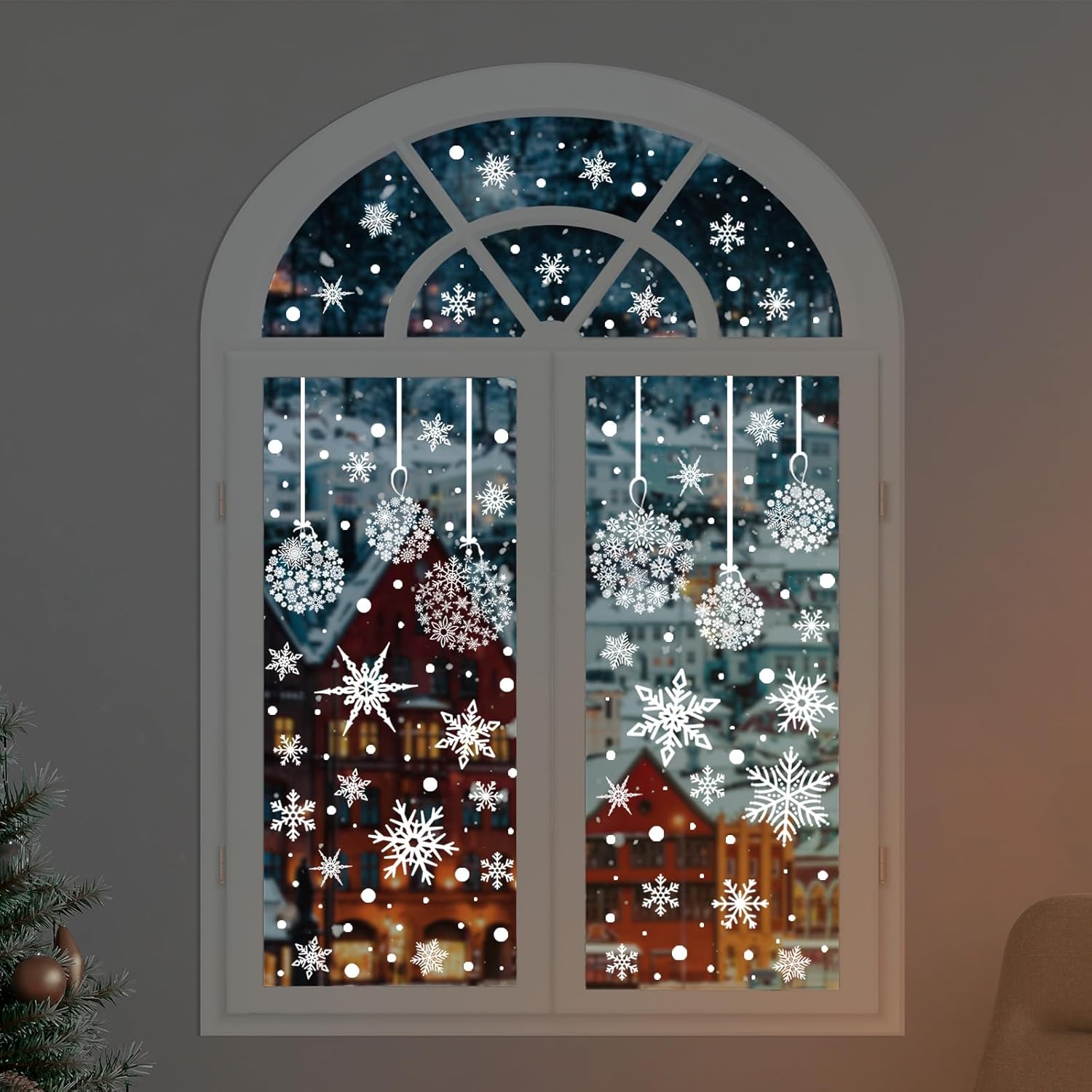 AnyDesign 9 hojas de calcomanías navideñas para ventana, diseño de copo de nieve, calcomanías de doble cara para decoración de ventanas de Navidad,