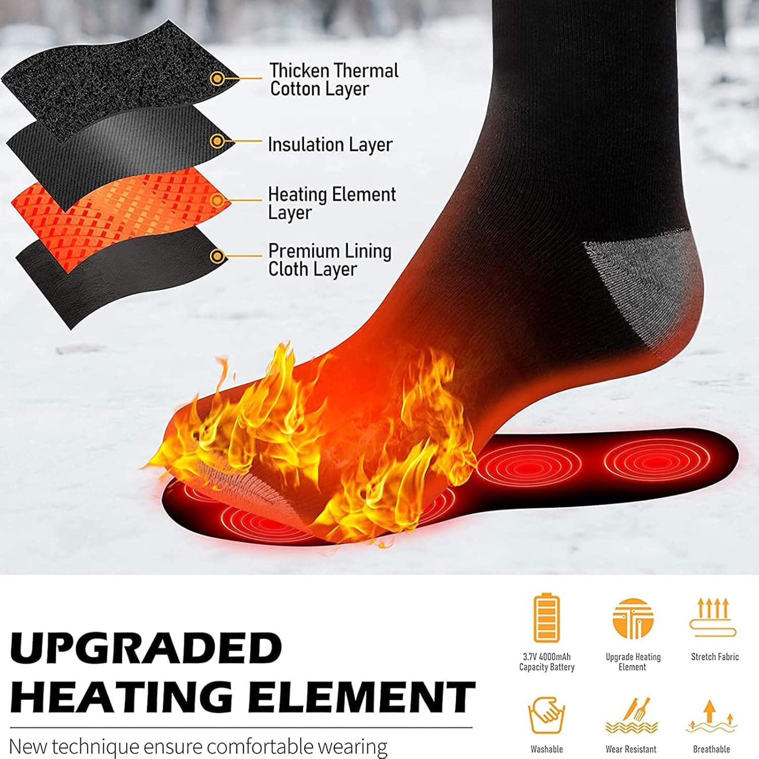 Calcetines térmicos para hombres y mujeres, recargables de 3.7 V, 4000 mAh, funcionan con pilas, calcetines térmicos de invierno para deportes al