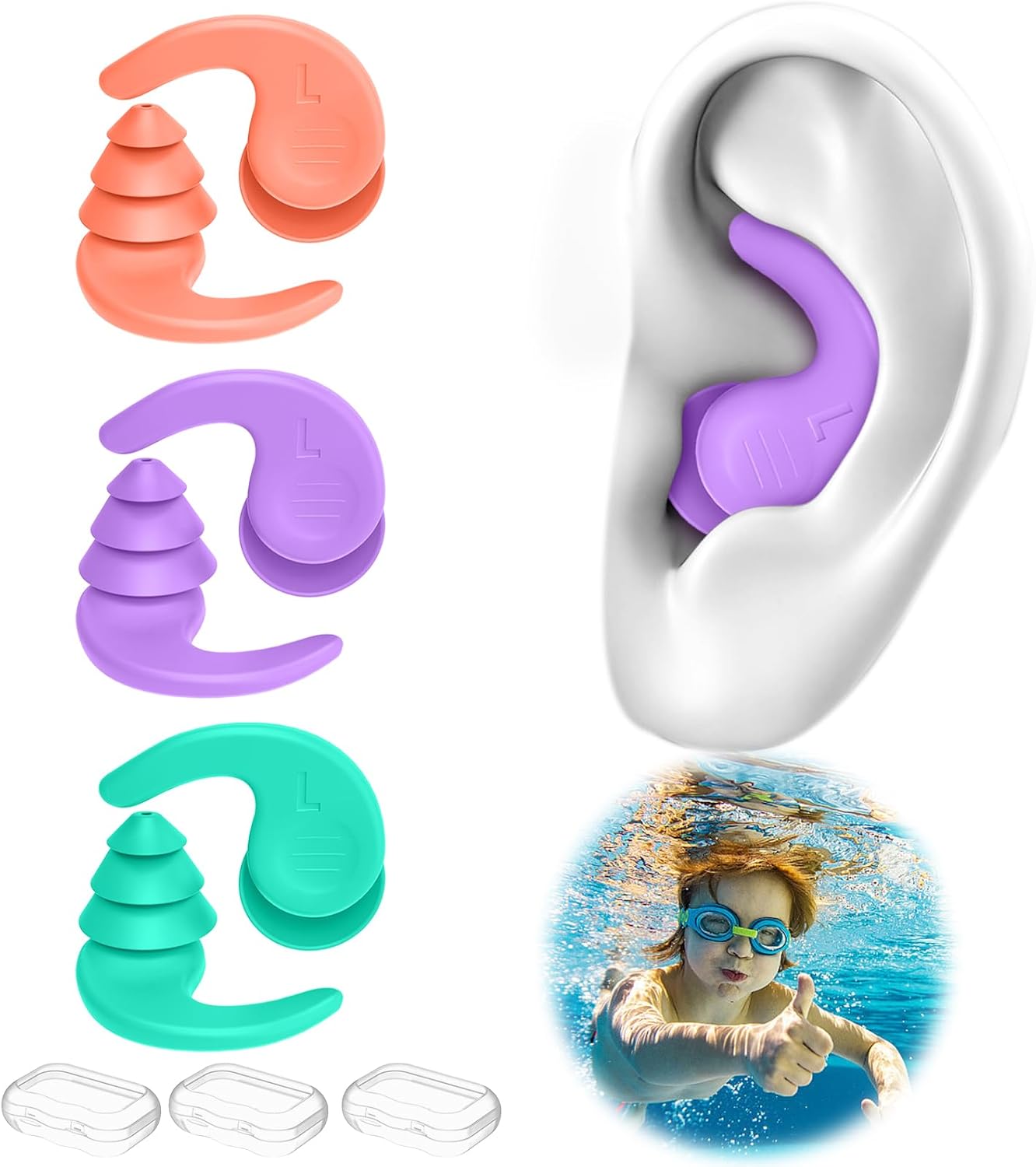 Tapones para los oídos de natación, 3 pares de tapones para los oídos de silicona impermeables y reutilizables para natación, surf, esnórquel y