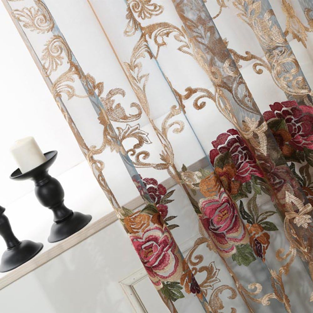 Pureaqu – Cortinas europeas bordadas con diseño floral para sala de estar, con bolsillos, cortina de gasa de lujo, cortina de tul transparente para