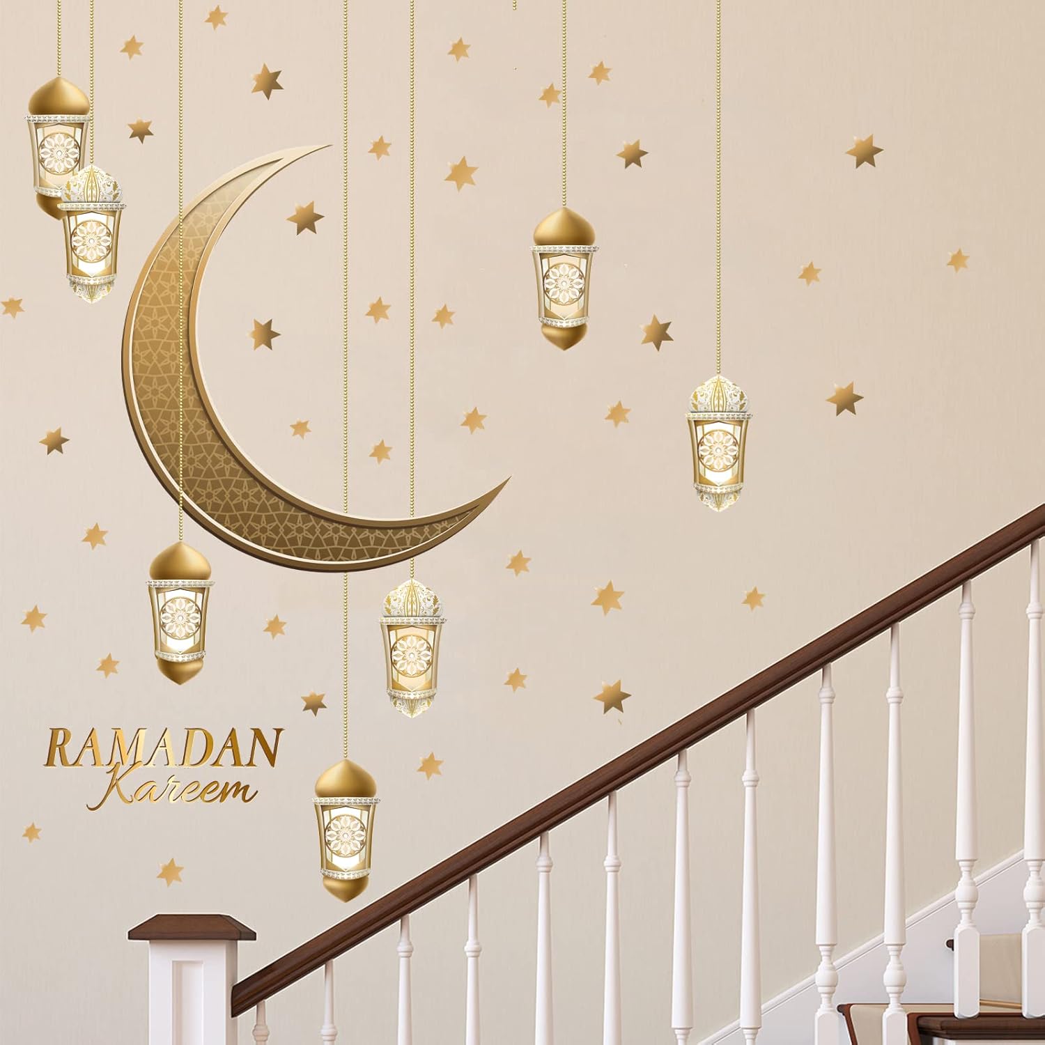 Calcomanías de decoración de pared de Ramadán, calcomanías islámicas musulmanas para colgar Eid Mubarak Ramadán, farol de Ramadán, luna y estrella,