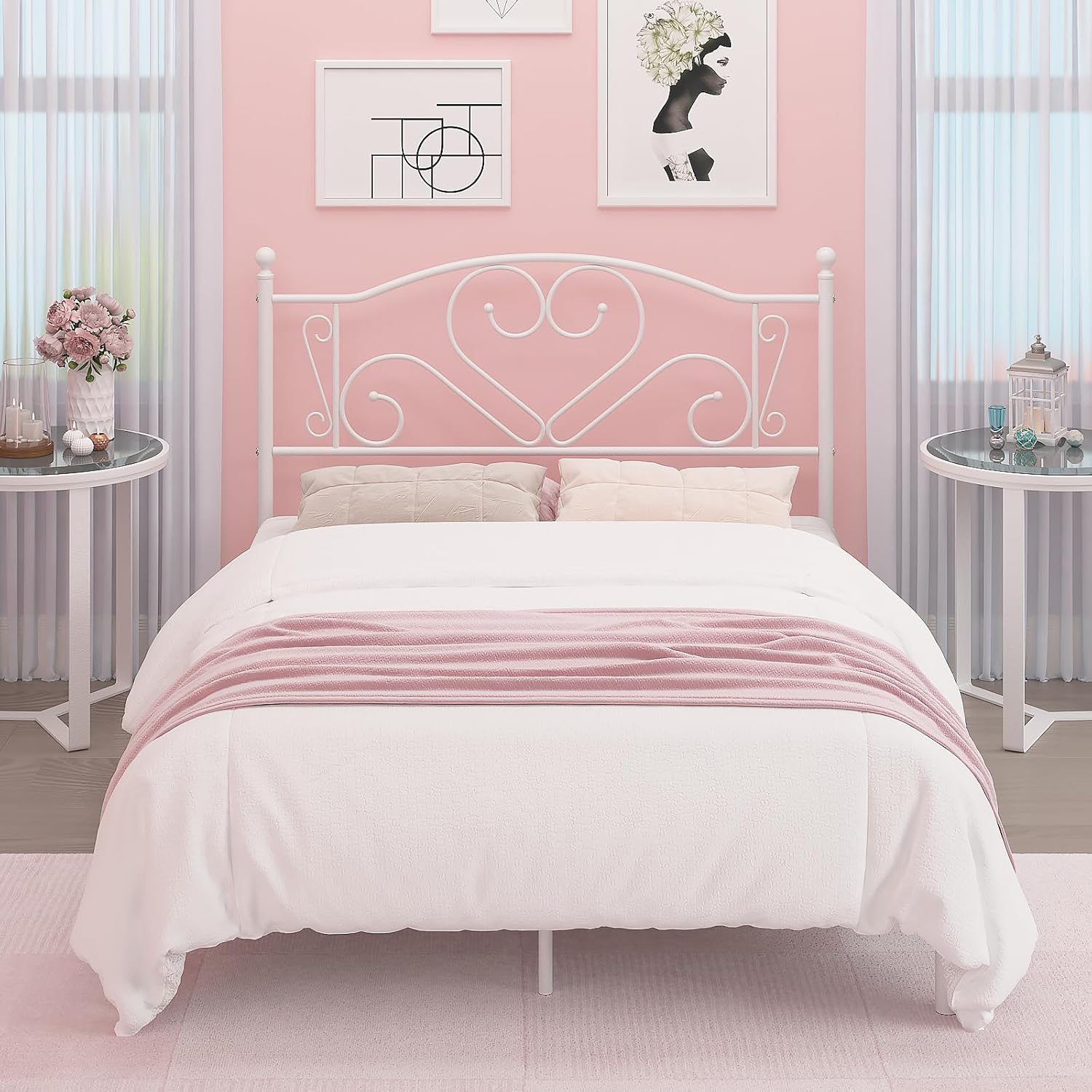 Weehom Base de cama de tamaño matrimonial con cabecero, plataforma de soporte de listones de acero resistente debajo de la cama, espacio de