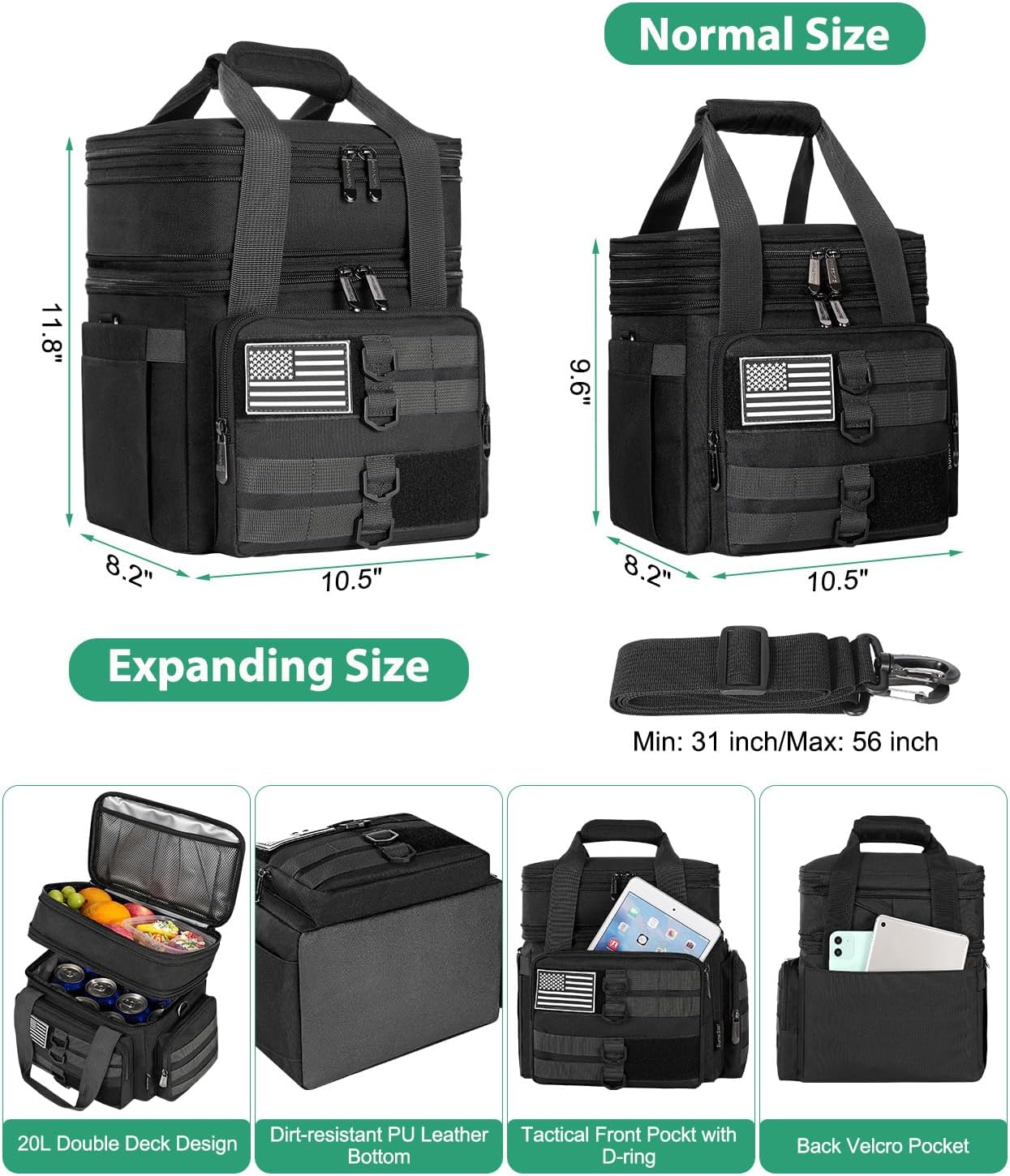 Lonchera táctica para hombres, bolsa de almuerzo grande aislada para adultos, resistente de doble cubierta expandible, bolsa enfriadora a prueba de