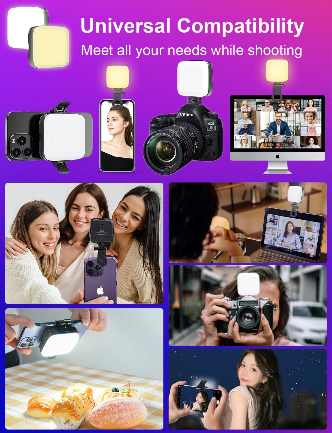 Luz para selfie, luz de teléfono con clip frontal y trasero, luz LED portátil regulable de 3000-9900K, luz de video recargable de 2000 mAh para