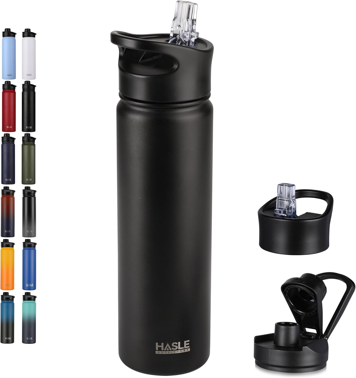 HASLE OUTFITTERS Botella de agua aislada de 22 onzas, botella de agua de acero inoxidable de doble pared, boca ancha con tapa de popote y tapa de