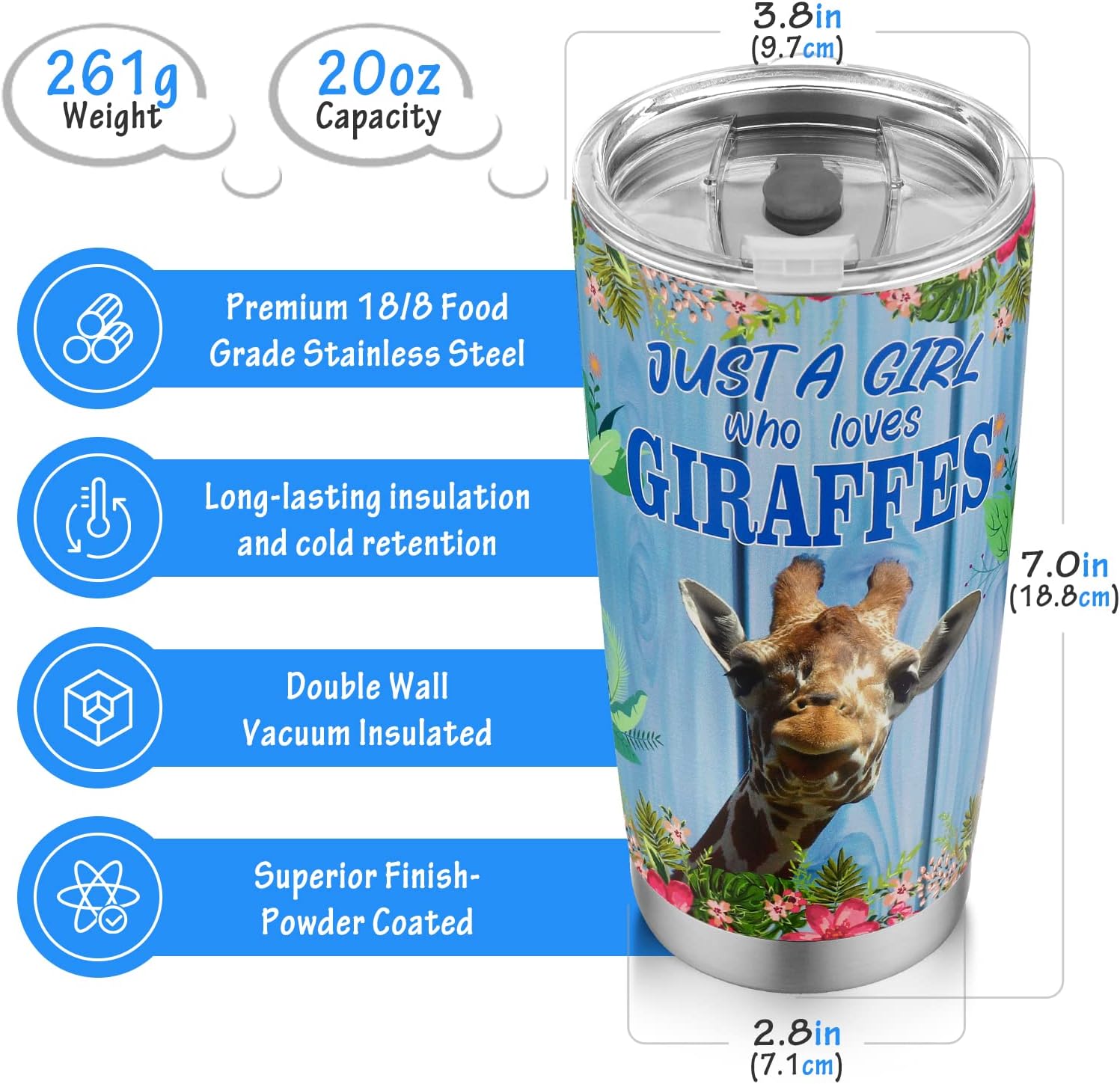 Vaso de jirafa para mujer, taza de acero inoxidable de 20 onzas con texto en inglés “You Are Amazing Gifts for Daughter Cute Animal Coffee Cup with